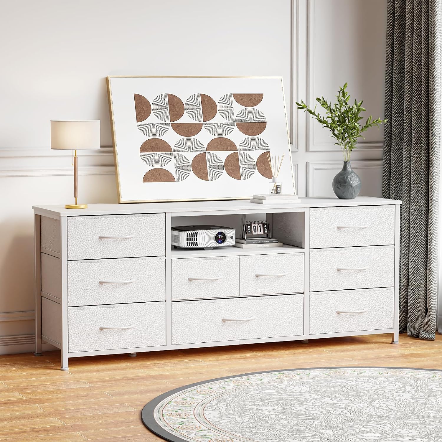 Furnulem 9 Drawer Dresser 55” Long TV Stand for Bedroom Entertainment Center with Power Outlet & LED Light for 55"-65" TV  with Fabric Storage Drawers