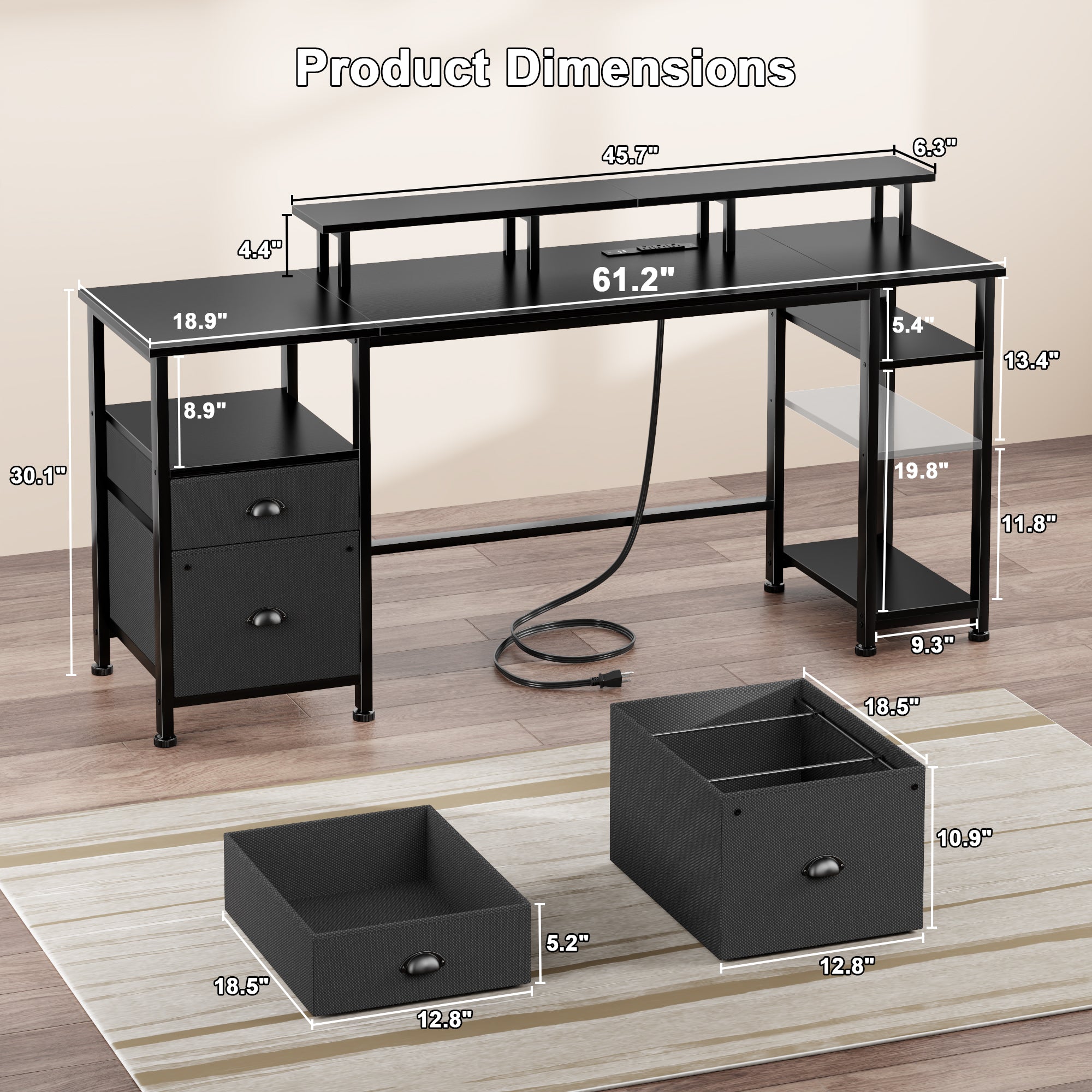 61 Inch Black Computer Desk with Charging Station Reversible Gaming Desk LED Lights File Cabinet Monitor Stand Storage Shelves Home Office