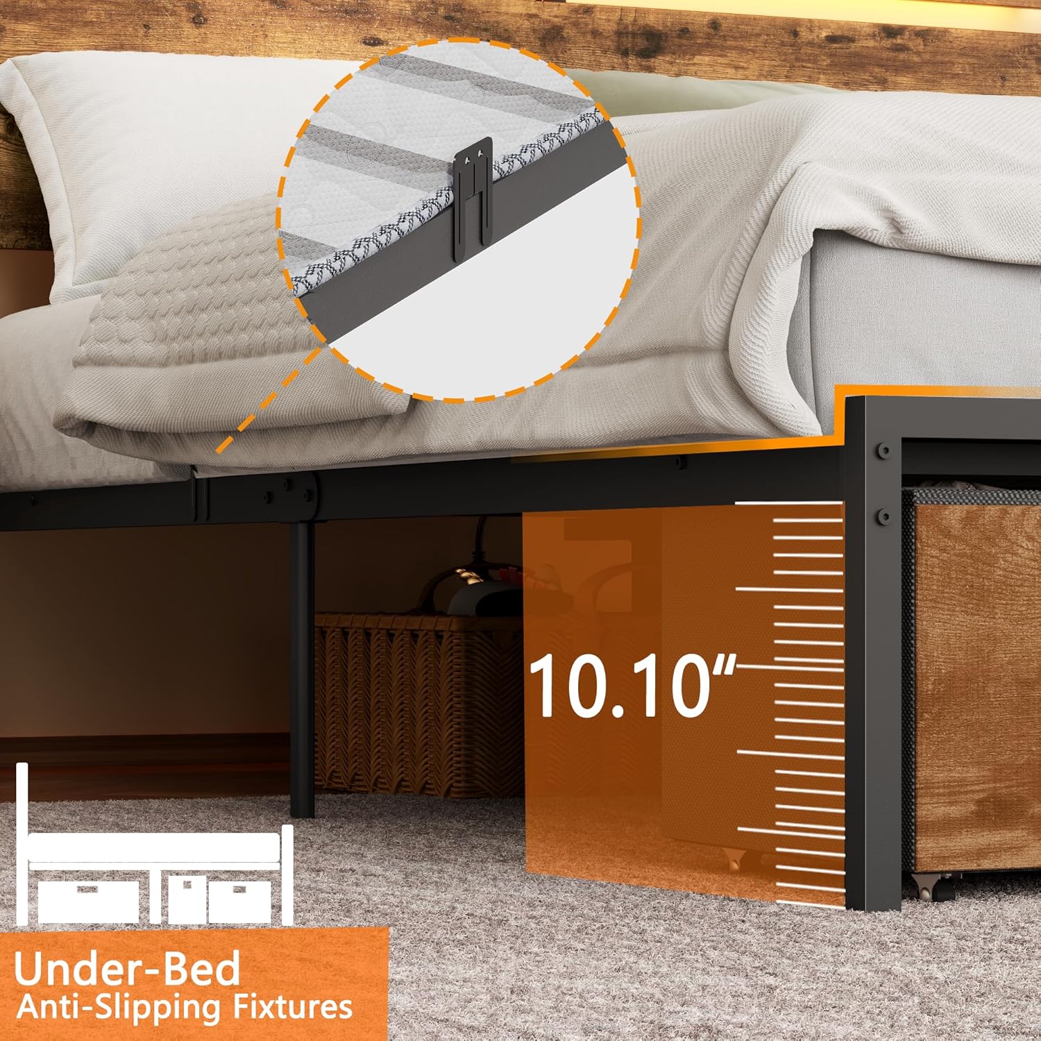 King Size Bed Frame with Wood Headboard, Metal Platform Bed with 3 Storage Drawers  Shelf Built-in Charging Station  LED Lights No Box Spring Needed