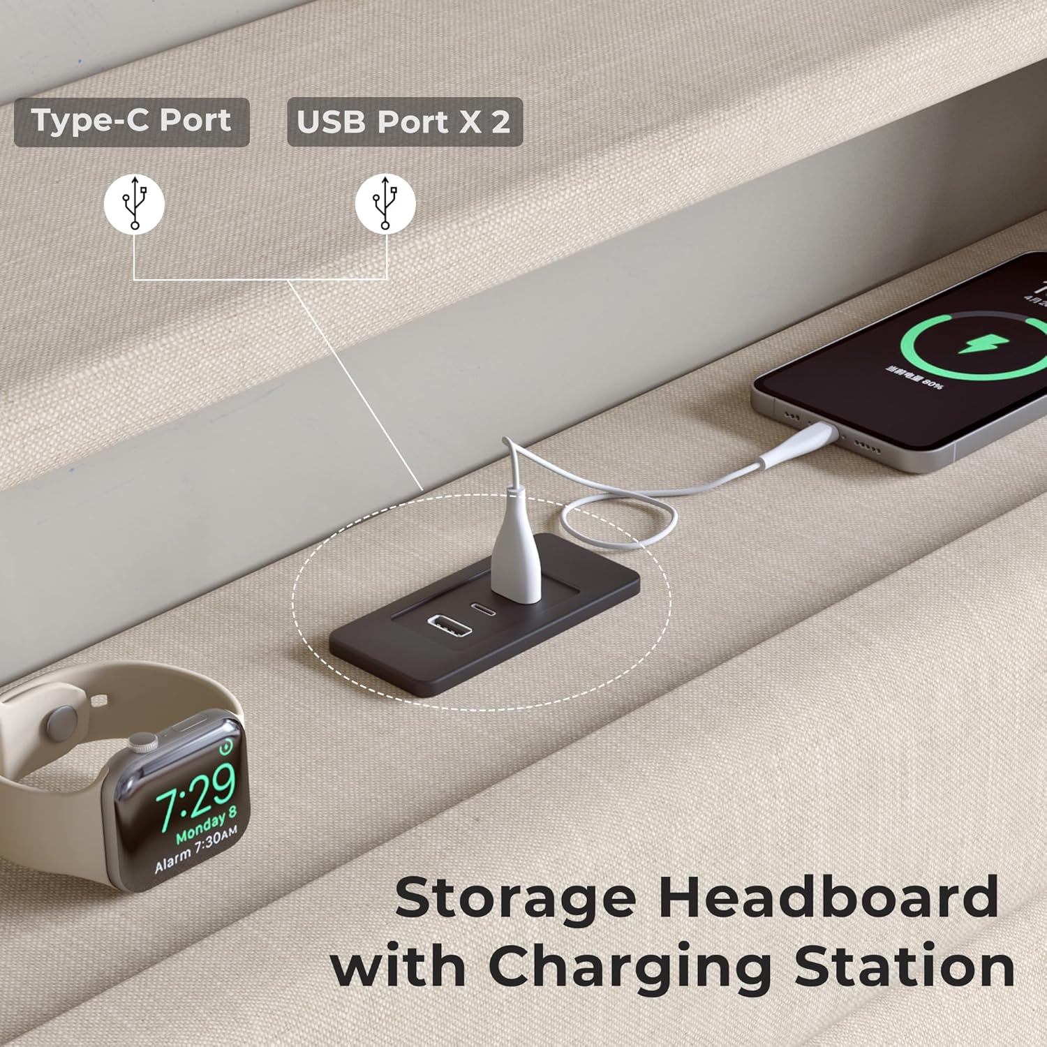 Full Bed Frame with LED Lights, Headboard with Charging Station  Upholstered Platform Bedframe Metal Support No Box Spring Needed 2-Tier Storage