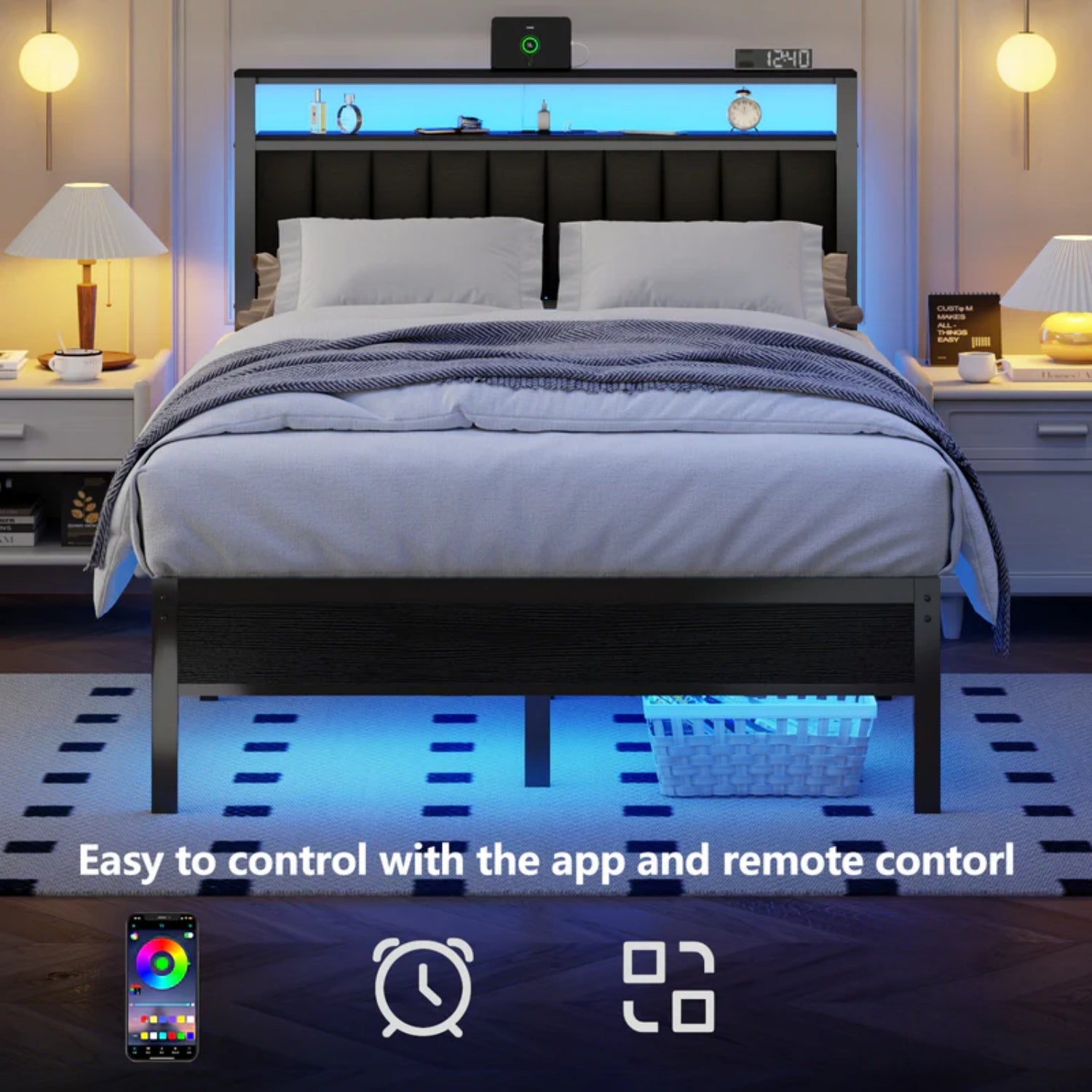 Furnulem Bed Frame with Charging Station, LED Lights & Storage Shelves – Metal Slats, No Box Spring