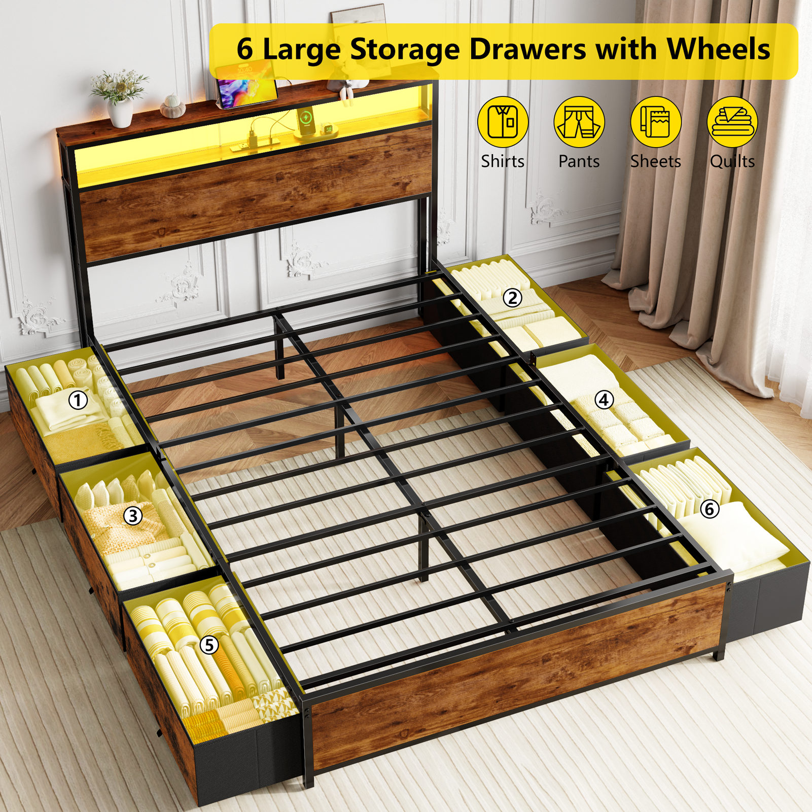 Full Size Bed Frame with 6 Storage Drawers Metal Platform Bed Frame with 2-Tier Storage Headboard LED Built in Charging Station No Box Spring Needed