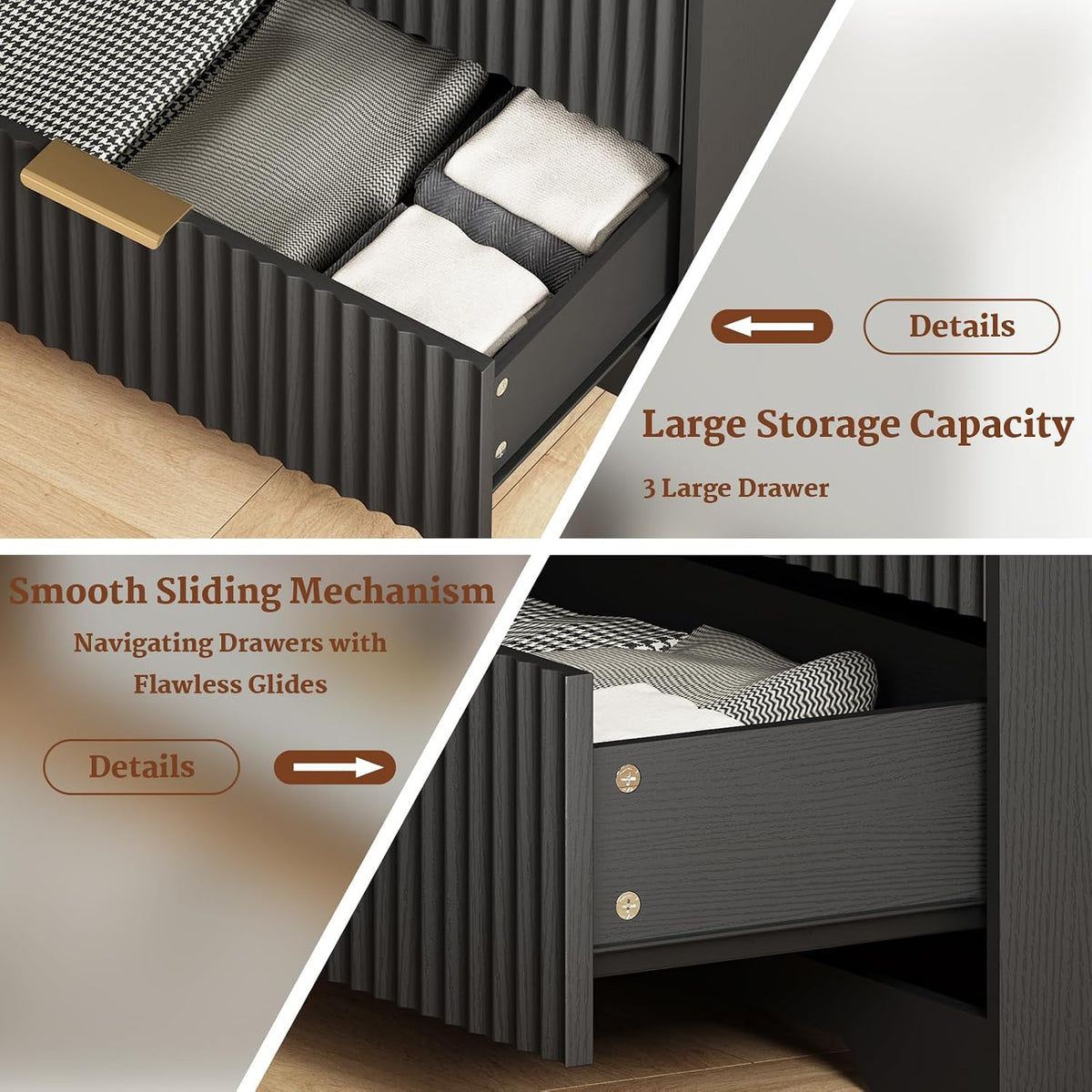 Black 3 Drawer Nightstand Fluted Wood Bedside Table Modern Storage Cabinet Wide Bedroom Dresser Accent Furniture Large 27 Inch Chest Organizer