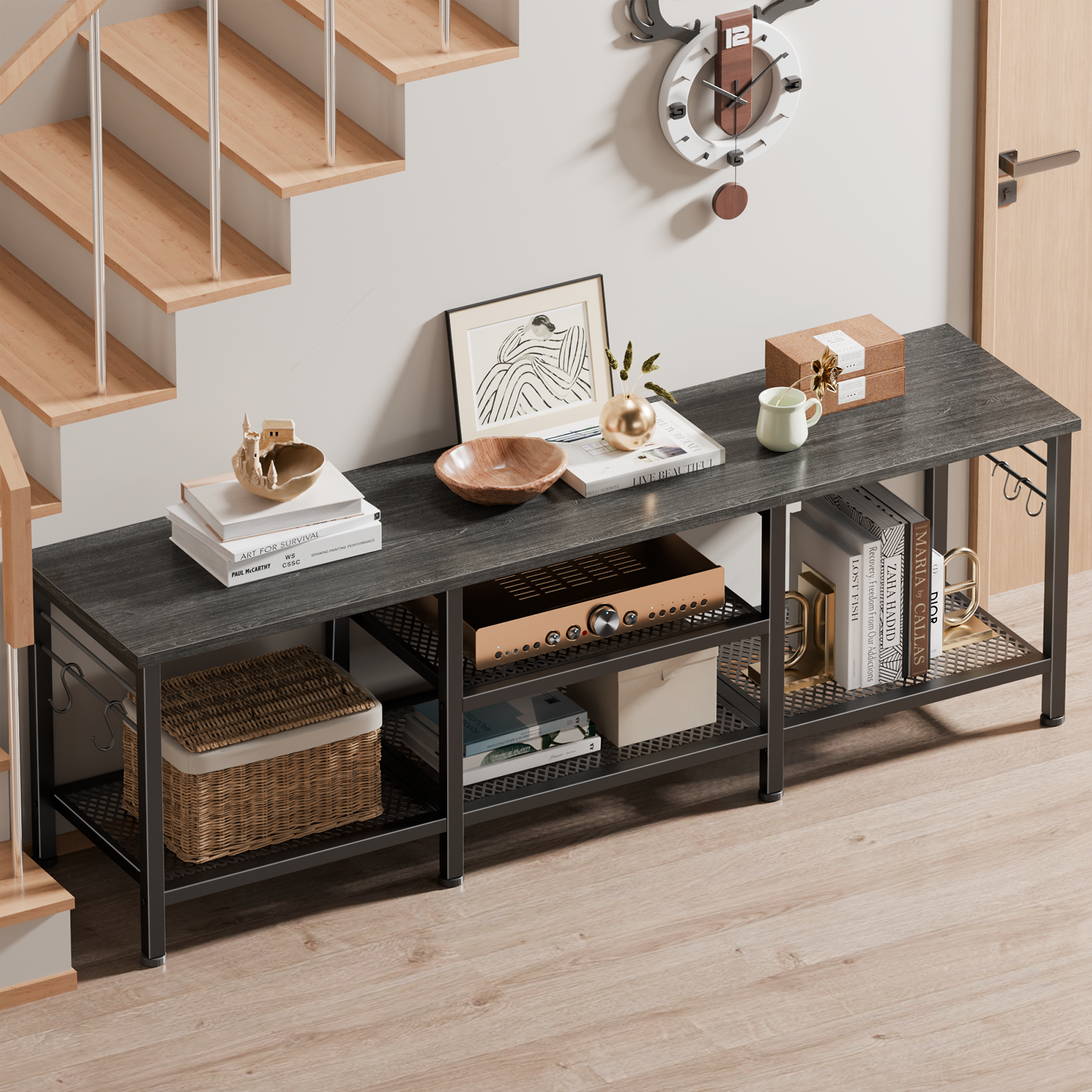 55 Inch Black Oak TV Stand for TVs up to 65 Inch Media Console Entertainment Center Open Storage Shelves Soundbar Shelf Modern Living Room Unit