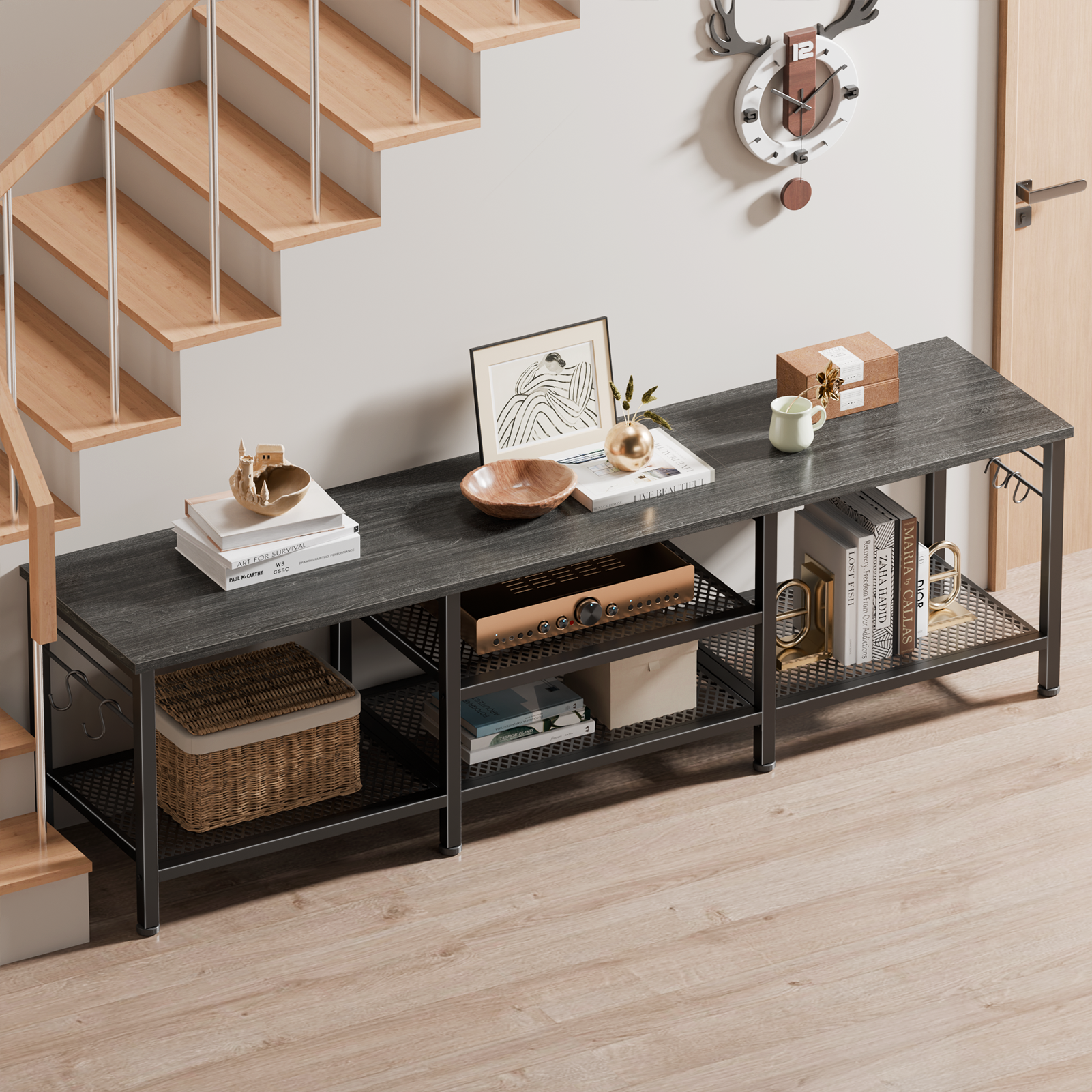 Qwatto 63 Inch Black Oak TV Stand for TVs up to 70 Inch Media Console Entertainment Center with Soundbar Shelf Open Storage Shelves Living Room Decor