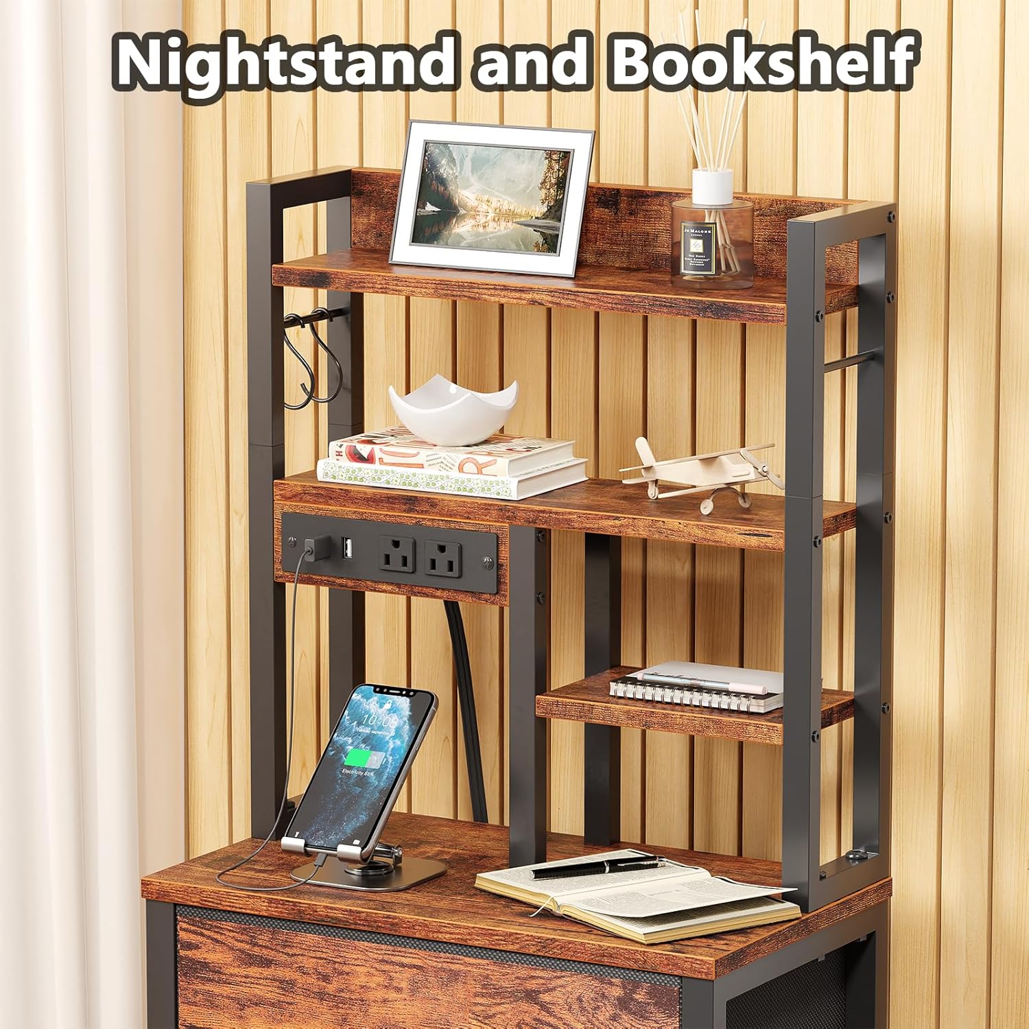 Qwatto Bedside Table with Charging Station and USB Port 4 Drawer Tall Nightstand with Shelves for Bedroom Dorm Wood Metal End Table Brown Finish