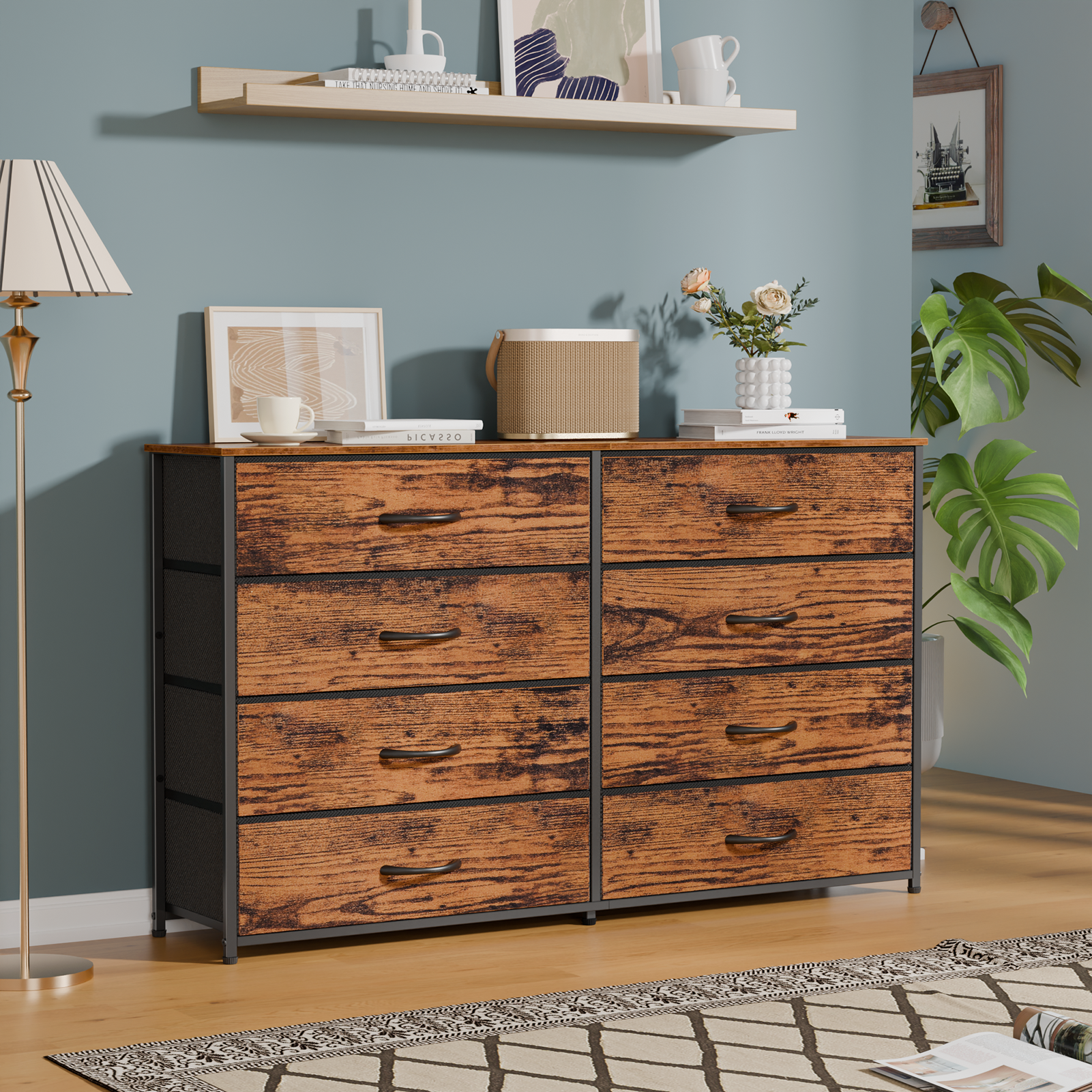 8 Drawer Dresser Wide Storage Chest of Drawers for Bedroom Closet Organizer Fabric Bins 55 Inch TV Stand Wood Top Furniture Unit Hallway Nursery