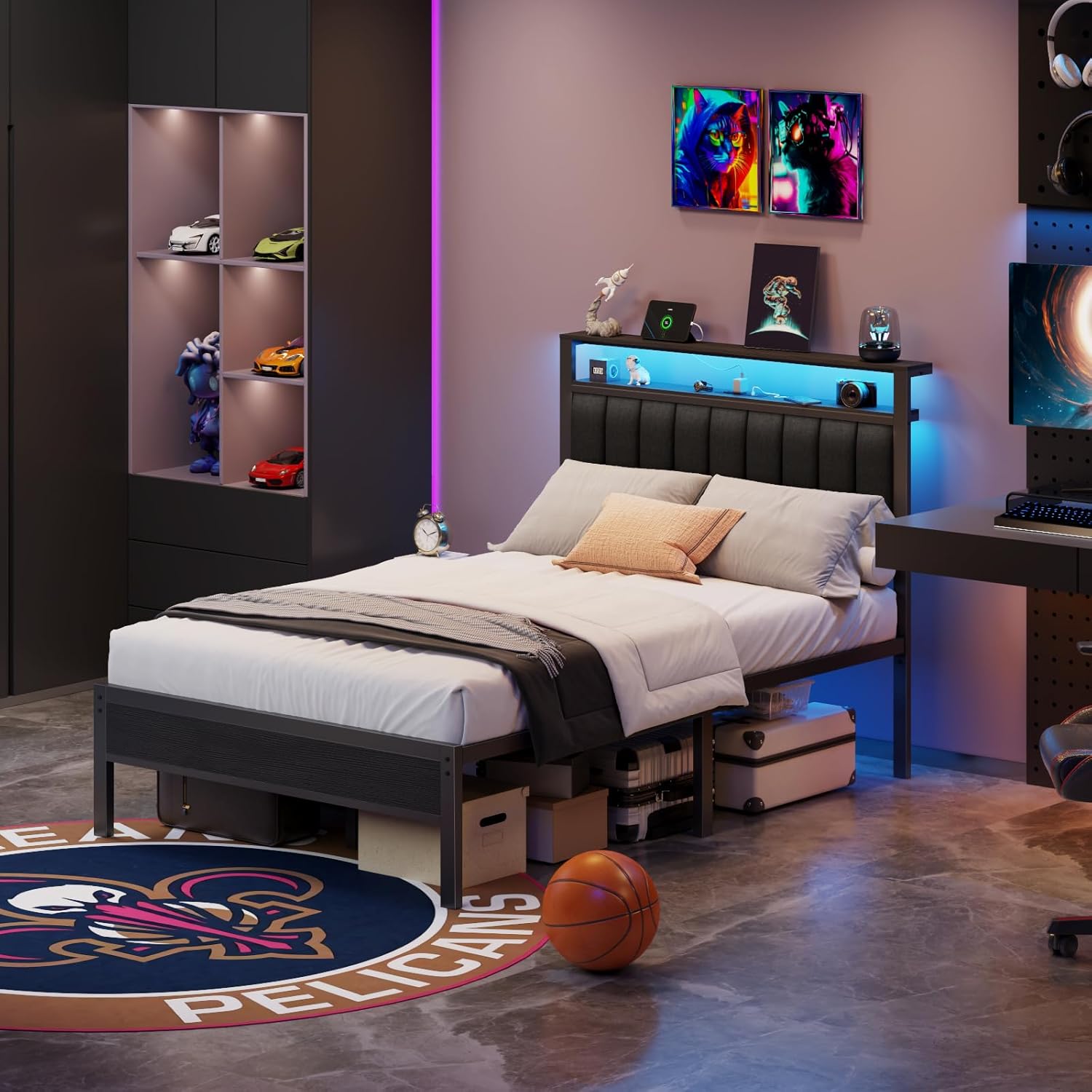 Furnulem Full Size Bed Frame with Charging Station and LED Lights Platform Bed with Metal Slats Grey Upholstered Headboard with 2-Tier Storage Shelves No Box Spring Needed