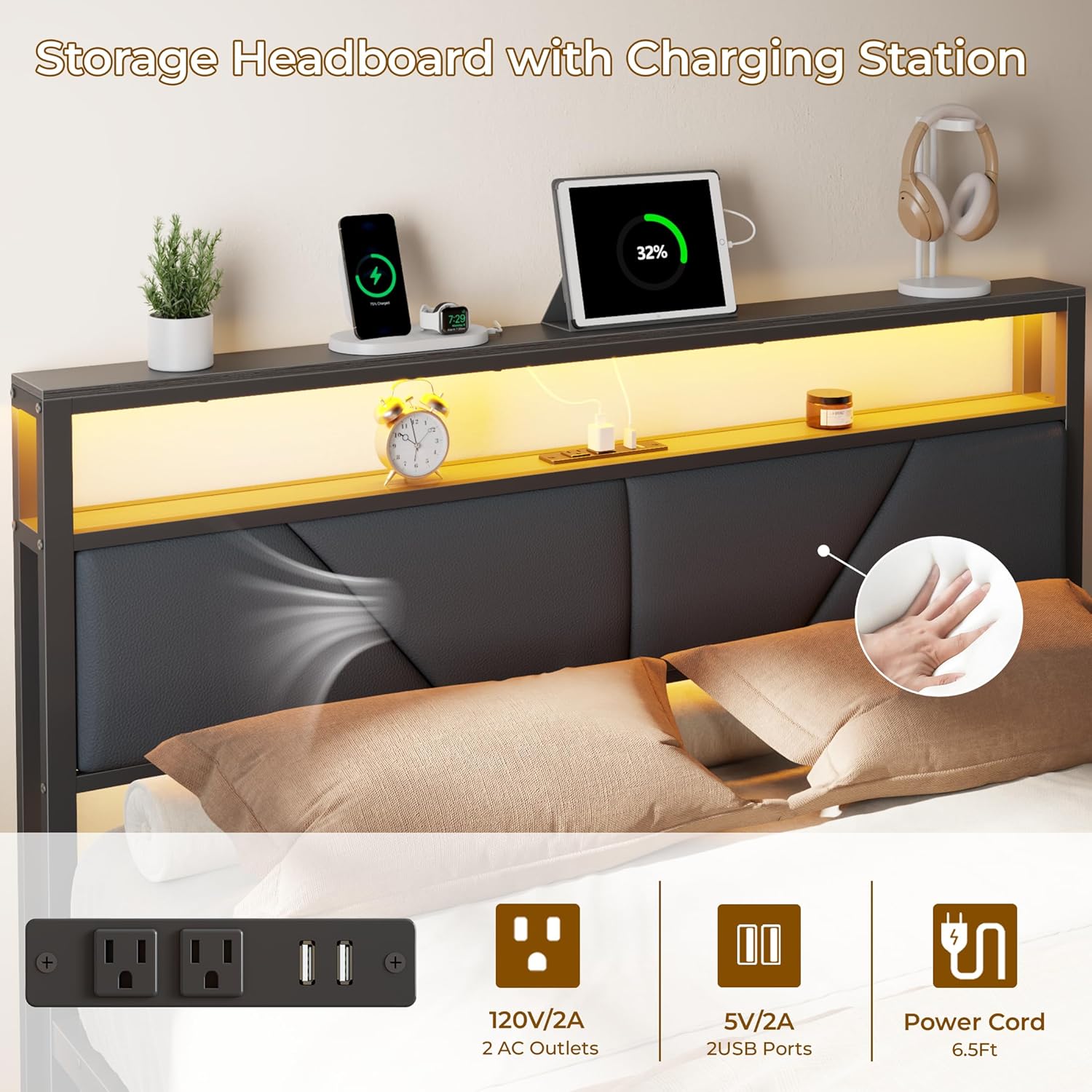 Queen Size Bed Frame with Storage Headboard and 6 Drawers Metal Platform Bed Frame  with Charging Station and LED Lights PU Leather Upholstered