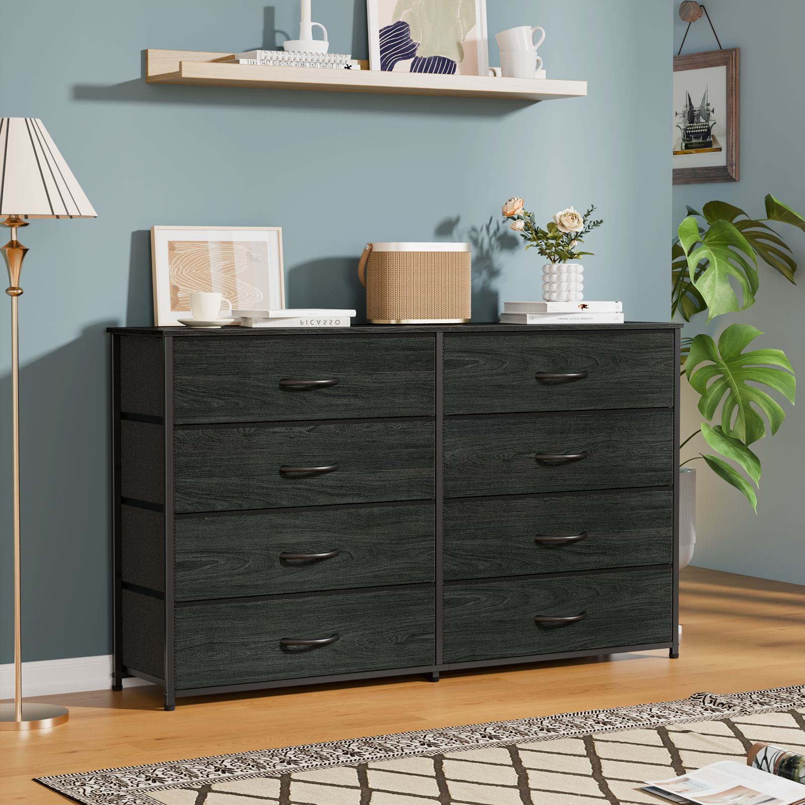 Wide Fabric Dresser for Bedroom 8 Drawer Storage Chest 55 Inch TV Stand Entertainment Center Wood Top Organizer Unit Living Room Hallway Furniture