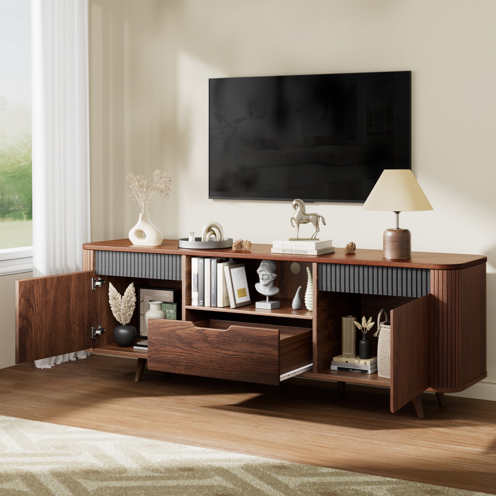 55-in TV Stand with Storage for TVs up to 65-in With Drawer slides Tambour Media Console With Charging Station Shelves Cable Management Wood Legs walnut