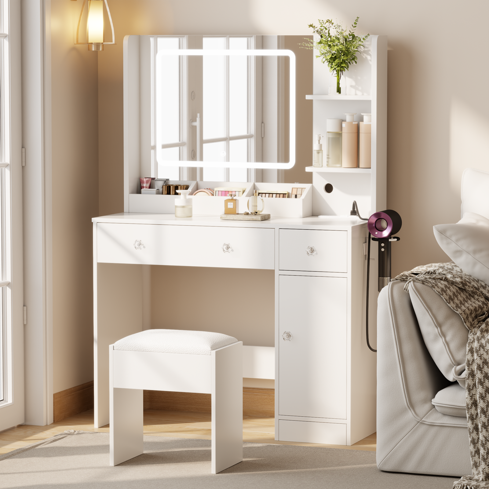 White Makeup Vanity Desk with Mirror and Lights Vanity Set with Stool 3 Color Lighted Mirror Dressing Table with Power Outlet and Drawers Cabinet