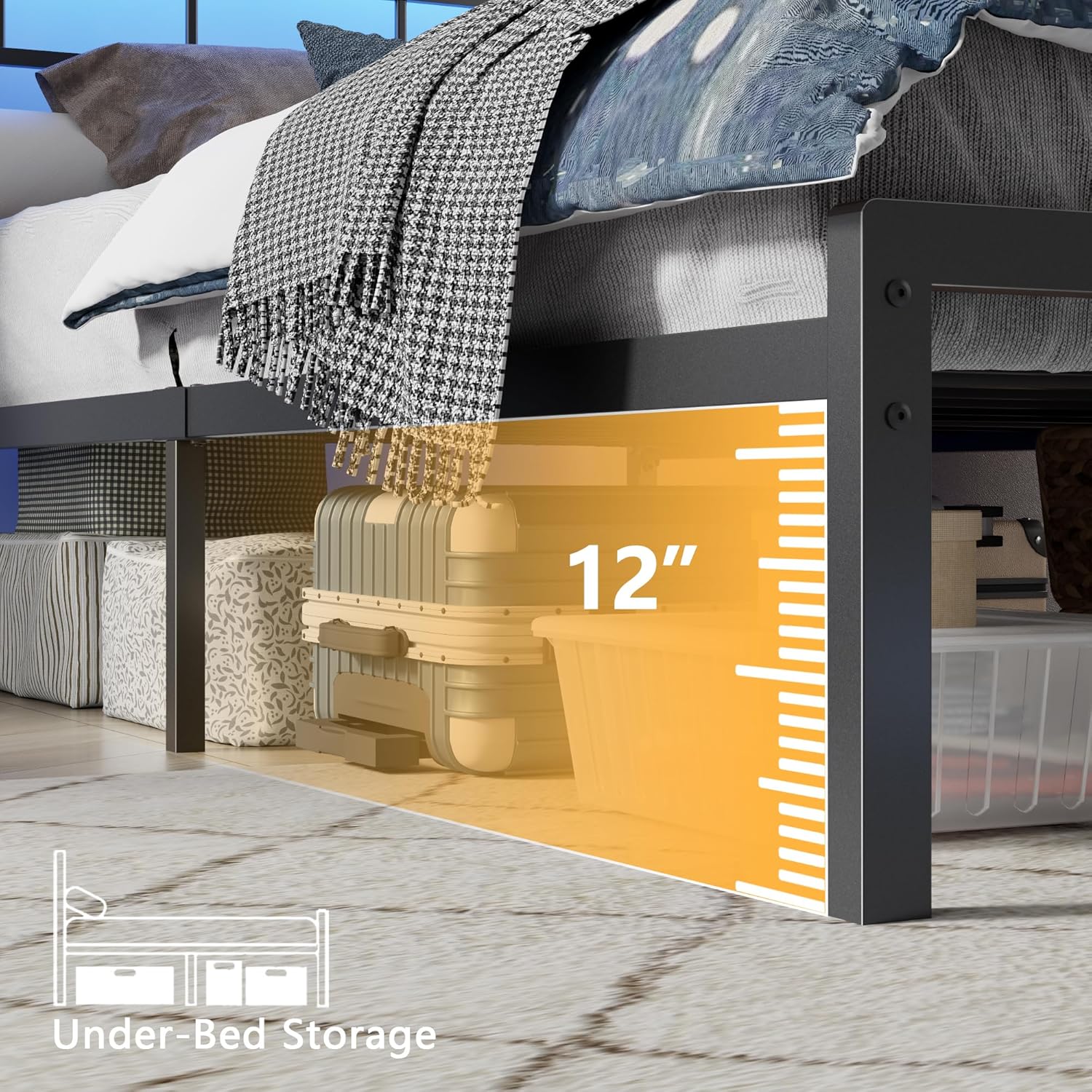 Twin Bed Frames with Built-in Charging Station and LED Light, Metal Platform Bed with Headboard and Storage Shelf  Noise-Free