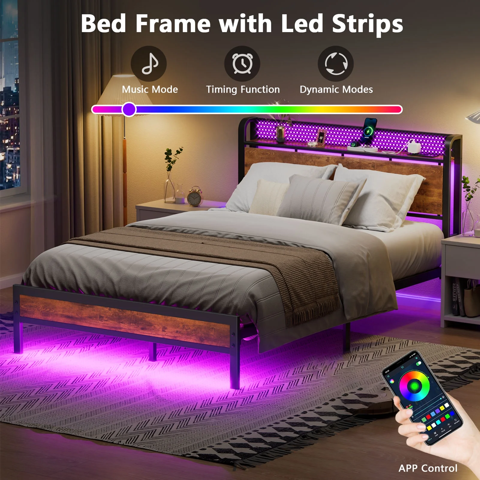 Furnulem LED Bed Frame Full Size with 2 USB Ports and Outlets Platform Metal Bed Frame No Box Spring Needed Noise-Free