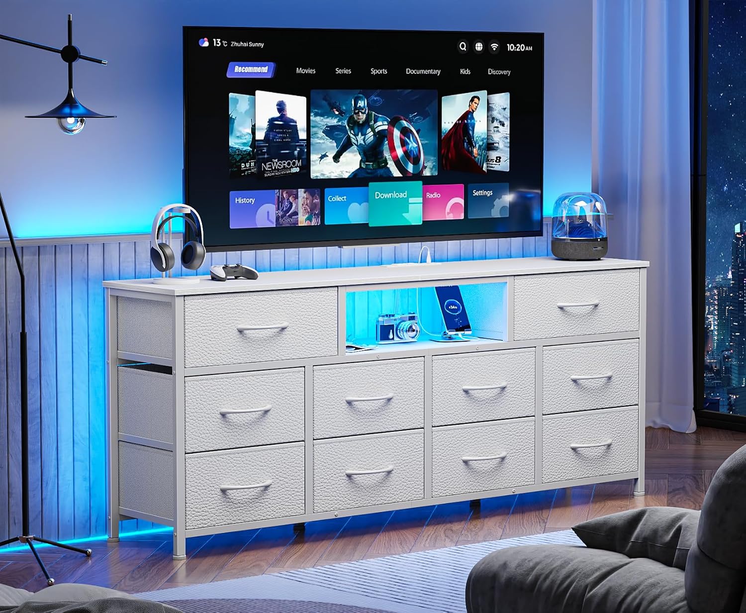 Furnulem 55” Long Dresser for Bedroom TV Stand for 55” to 65” TV White Dresser with 10 Fabric Drawers Entertainment Center with Power Outlet LED Light