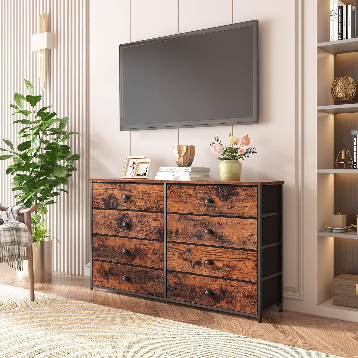 Furnulem Long Dresser for Bedroom TV Stand for 55'' TV Wide Storage Drawer Unit with 8 Fabric Bins Double Dresser for Bedroom Office  Closet Entryway