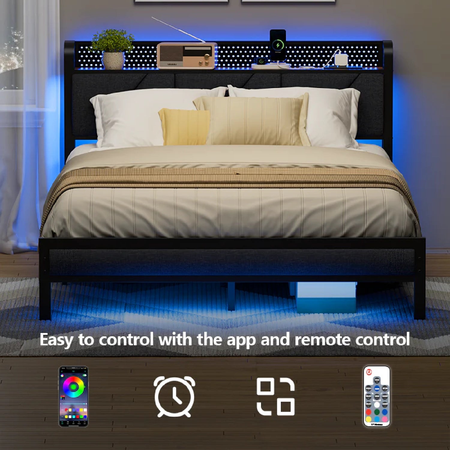 Furnulem LED Bed Frame with Upholstered Headboard and Charging Station