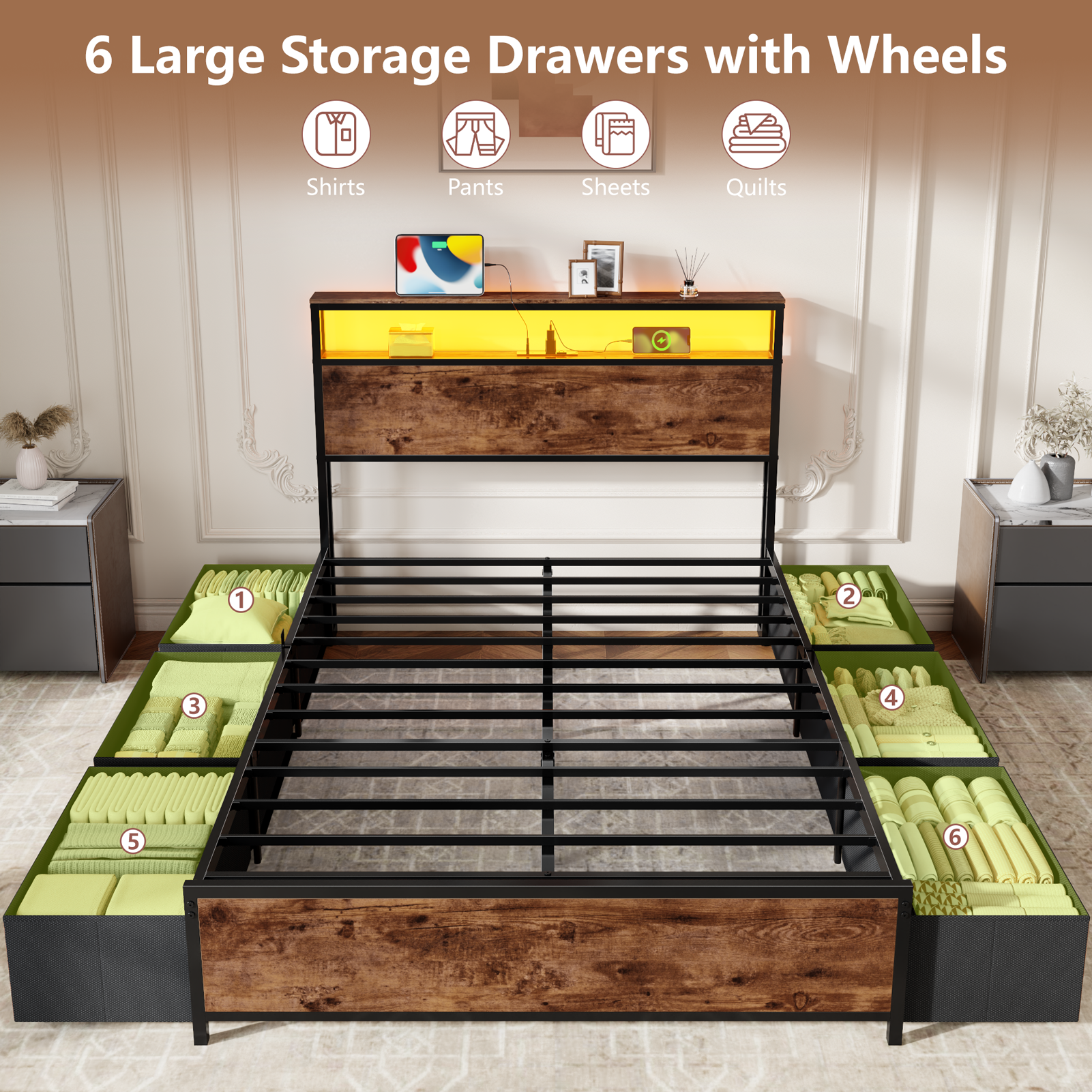 Industrial Full Size Bed Frame 6 Storage Drawers LED Lights Charging Station 2 Tier Shelf Headboard Heavy Duty Metal No Box Spring Needed