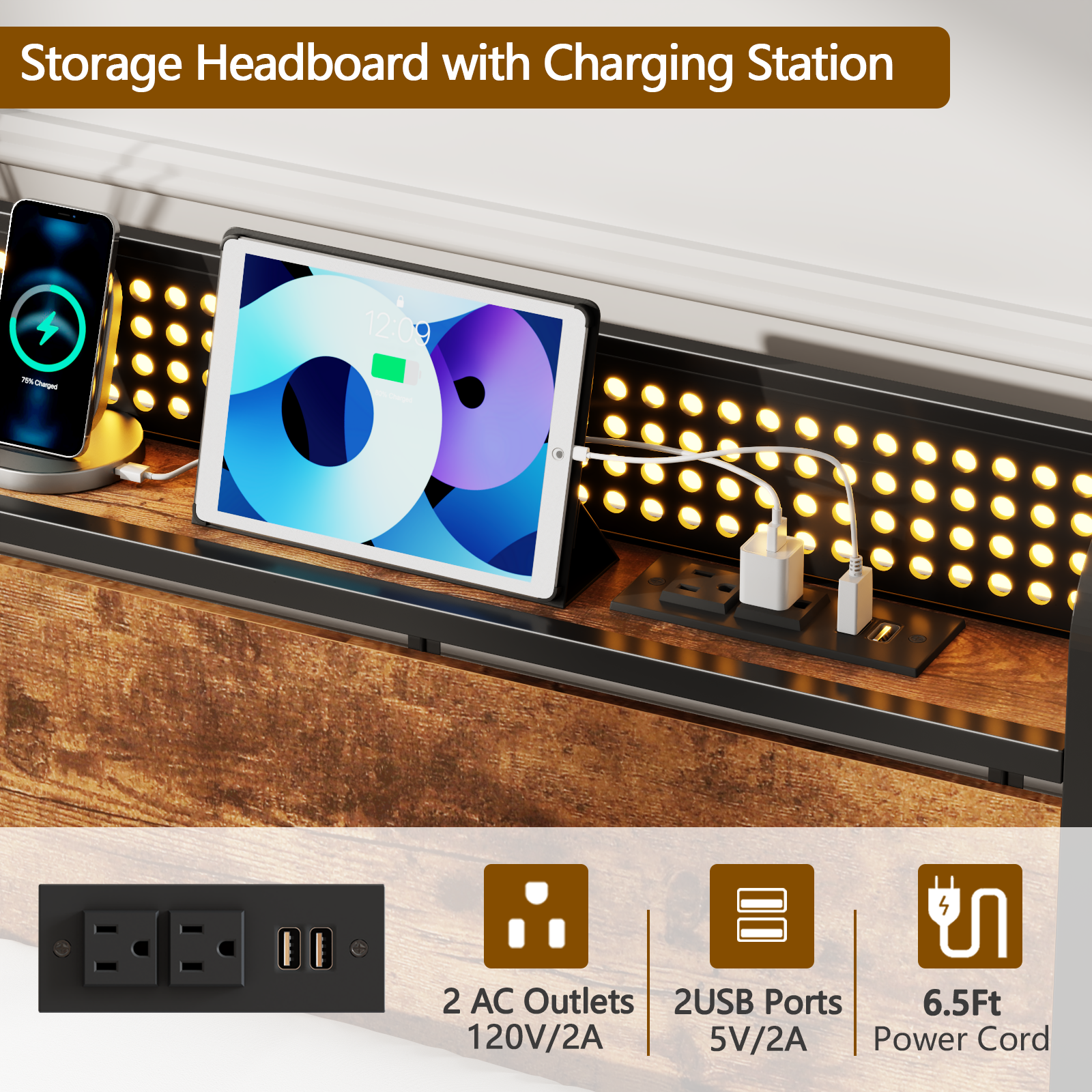 Furnulem Full Size Bed Frame with Headboard Storage  Platform Bed Frame Full Size  Charging Station and LED Lights