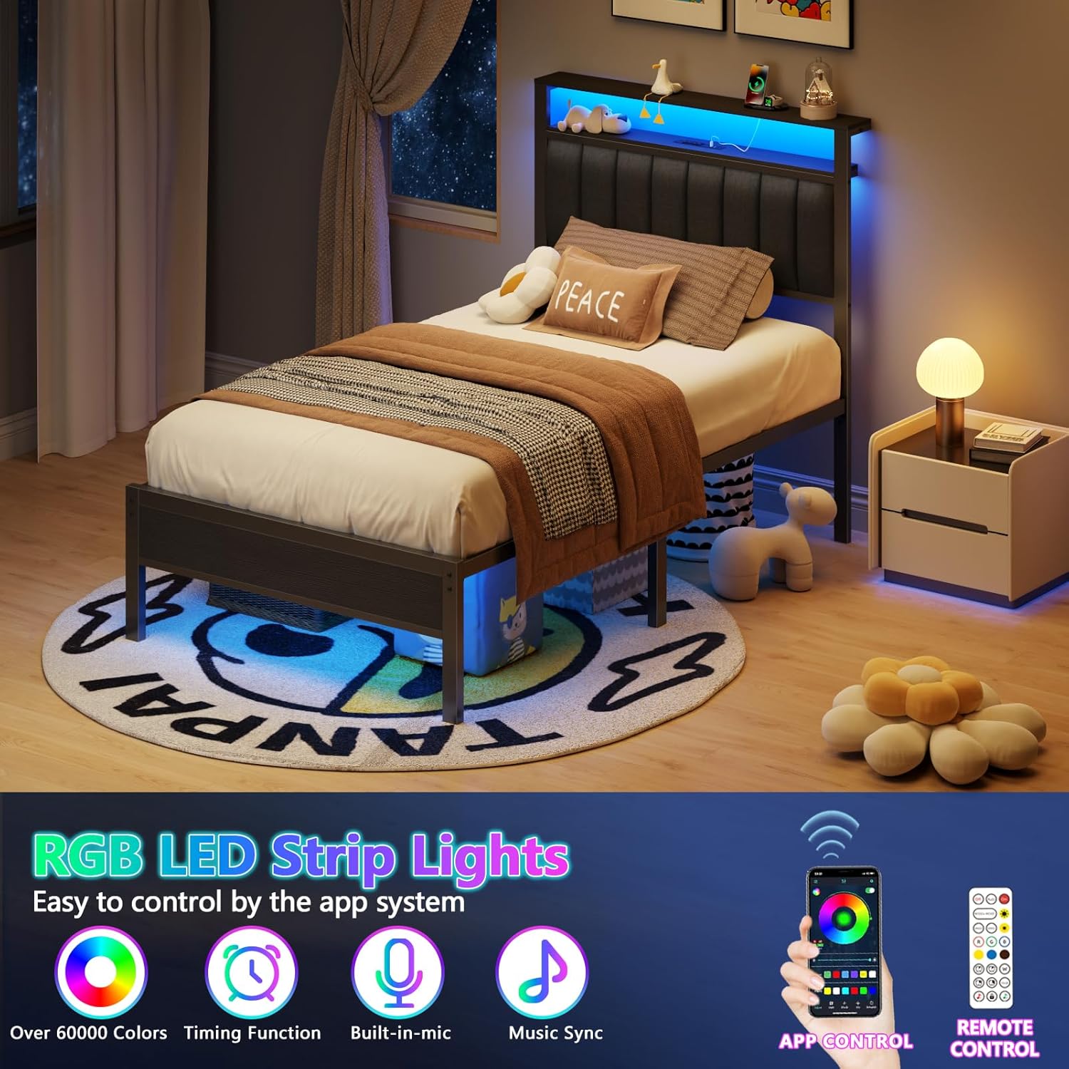 Furnulem Twin size bed frame with charging station and LED light gray upholstered headboard two-tier storage shelves no spring mattress required