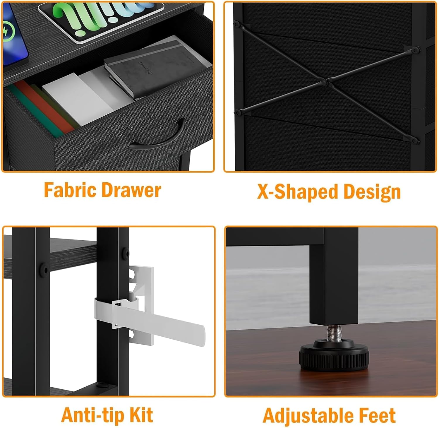 Qwatto 45.3in Tall Bedside Table with USB Charging Station and Light 3 Fabric Drawer Nightstand Bookshelf for Small Space Bedroom Dorm Black Oak Finish