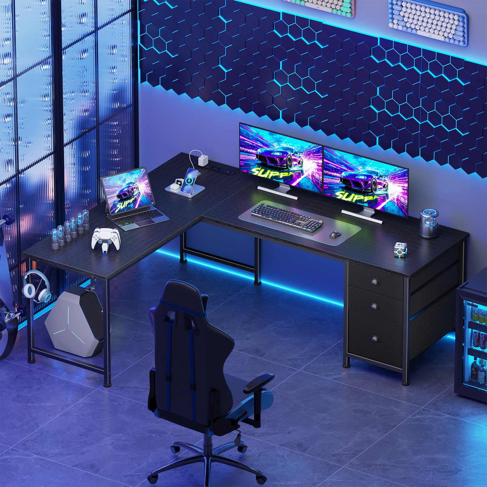 Qwatto 63 Inch L Shaped Gaming Desk Black Computer Corner Table with Power Outlets USB C Ports File Fabric Drawers Large Storage for Writing Bedrooms
