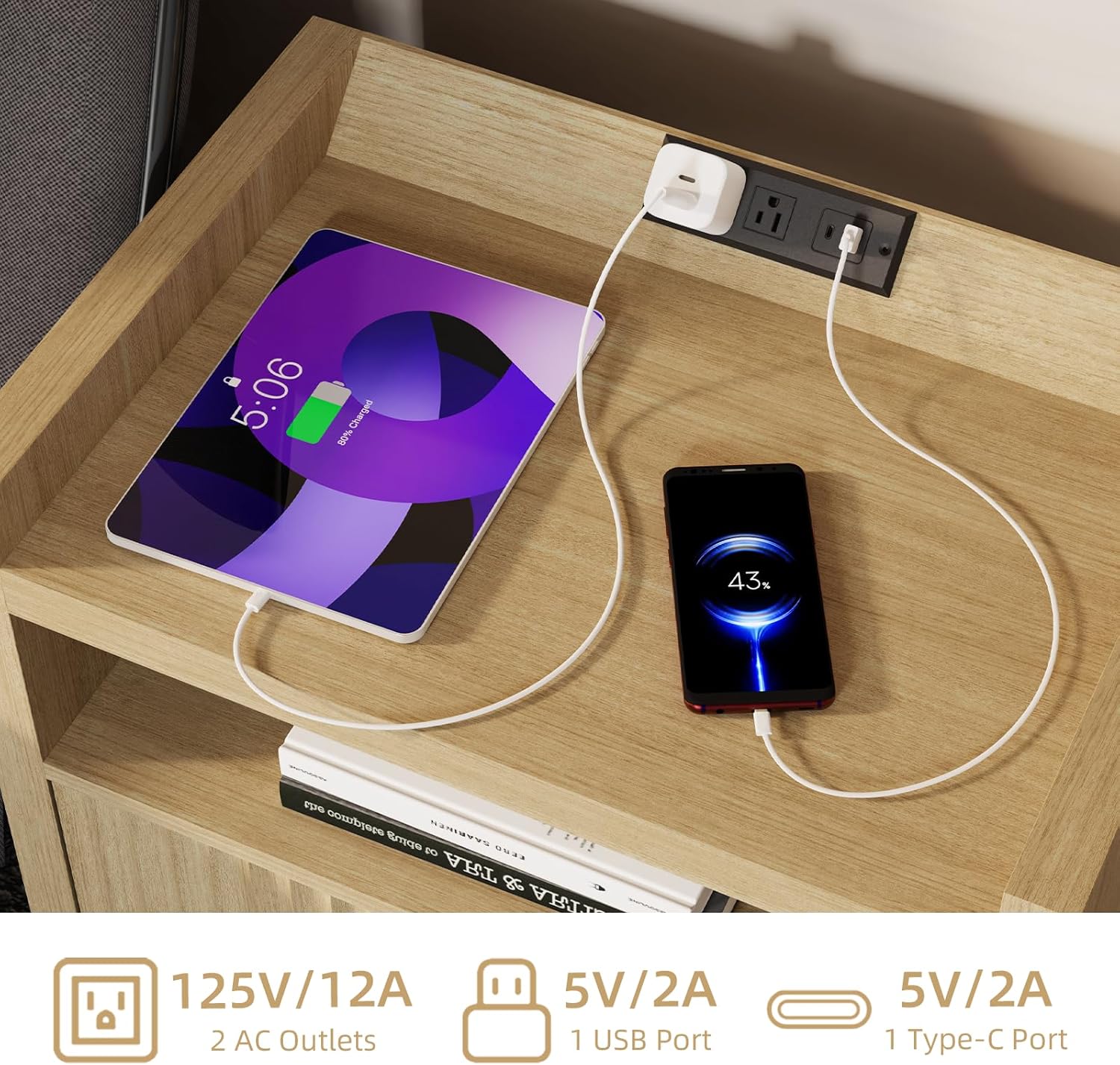 Modern Nightstand With Charging Station 24" Wide Nightstand with Drawer Modern Side Table with Wooden End Table with Open Shelf, for Bedroom Hallway