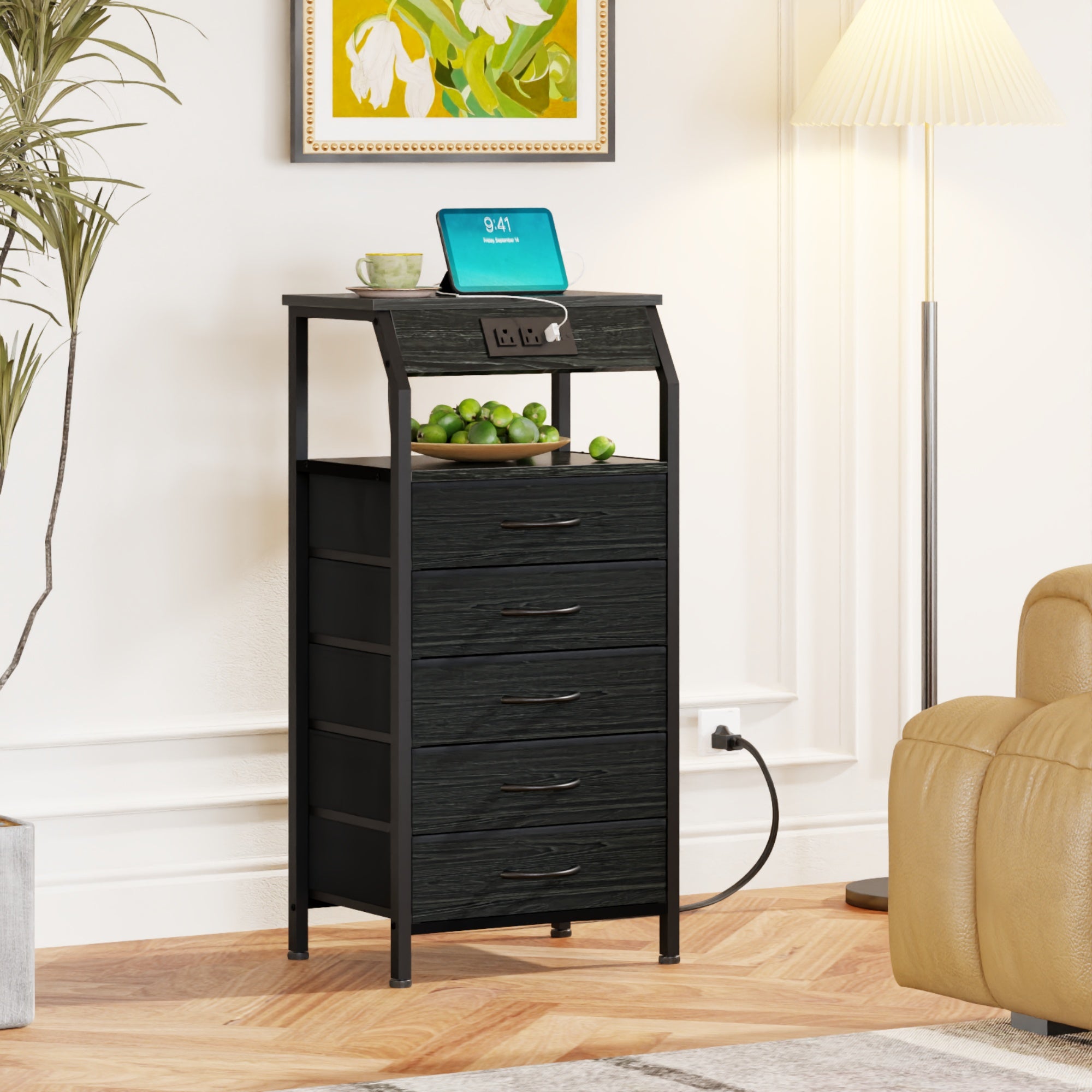 Furnulem Nightstands with 3/4/5 Drawers & Outlets, Bedside Tables with 2 USB Ports & 2-Tier Open Shelf