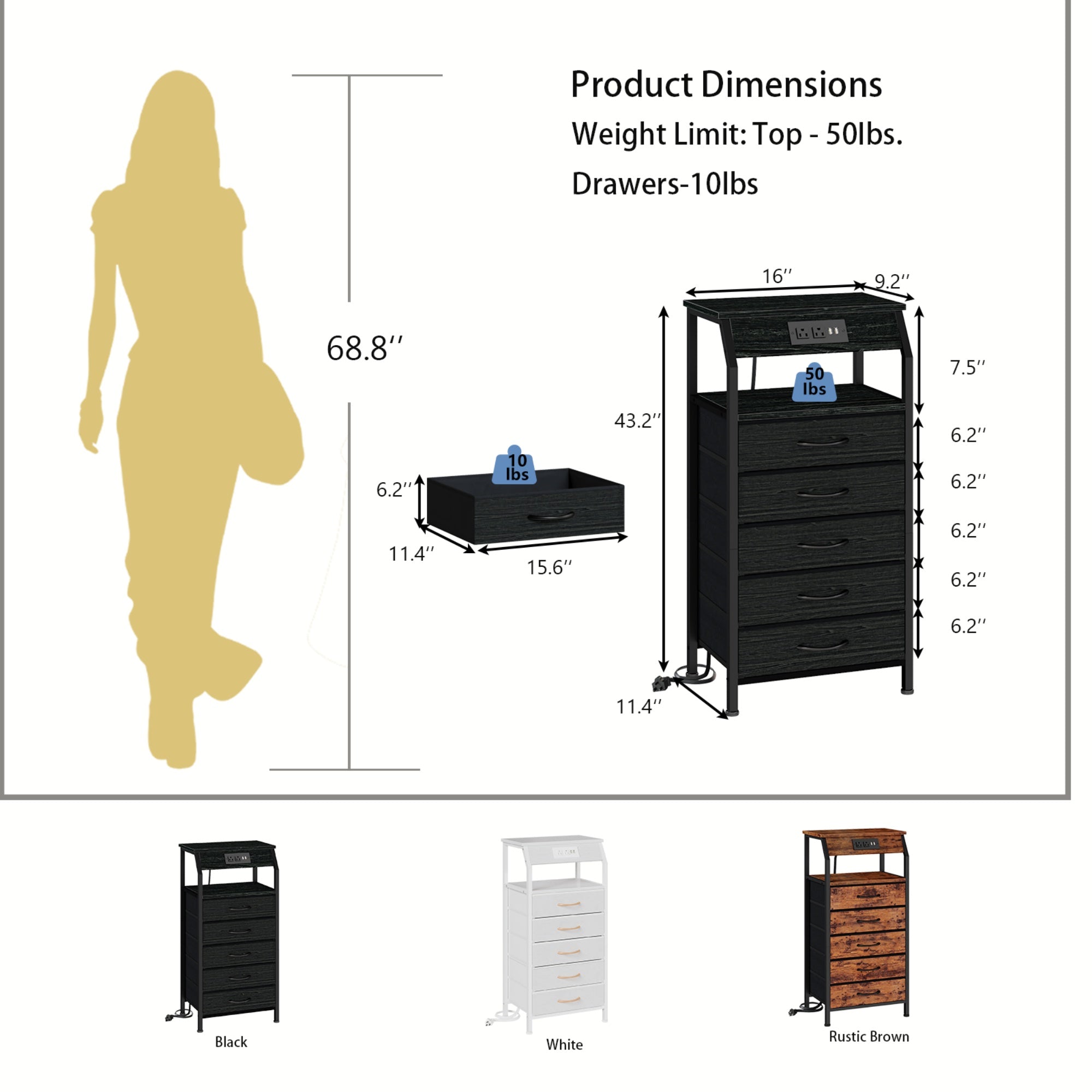 Furnulem Nightstands with 3/4/5 Drawers & Outlets, Bedside Tables with 2 USB Ports & 2-Tier Open Shelf