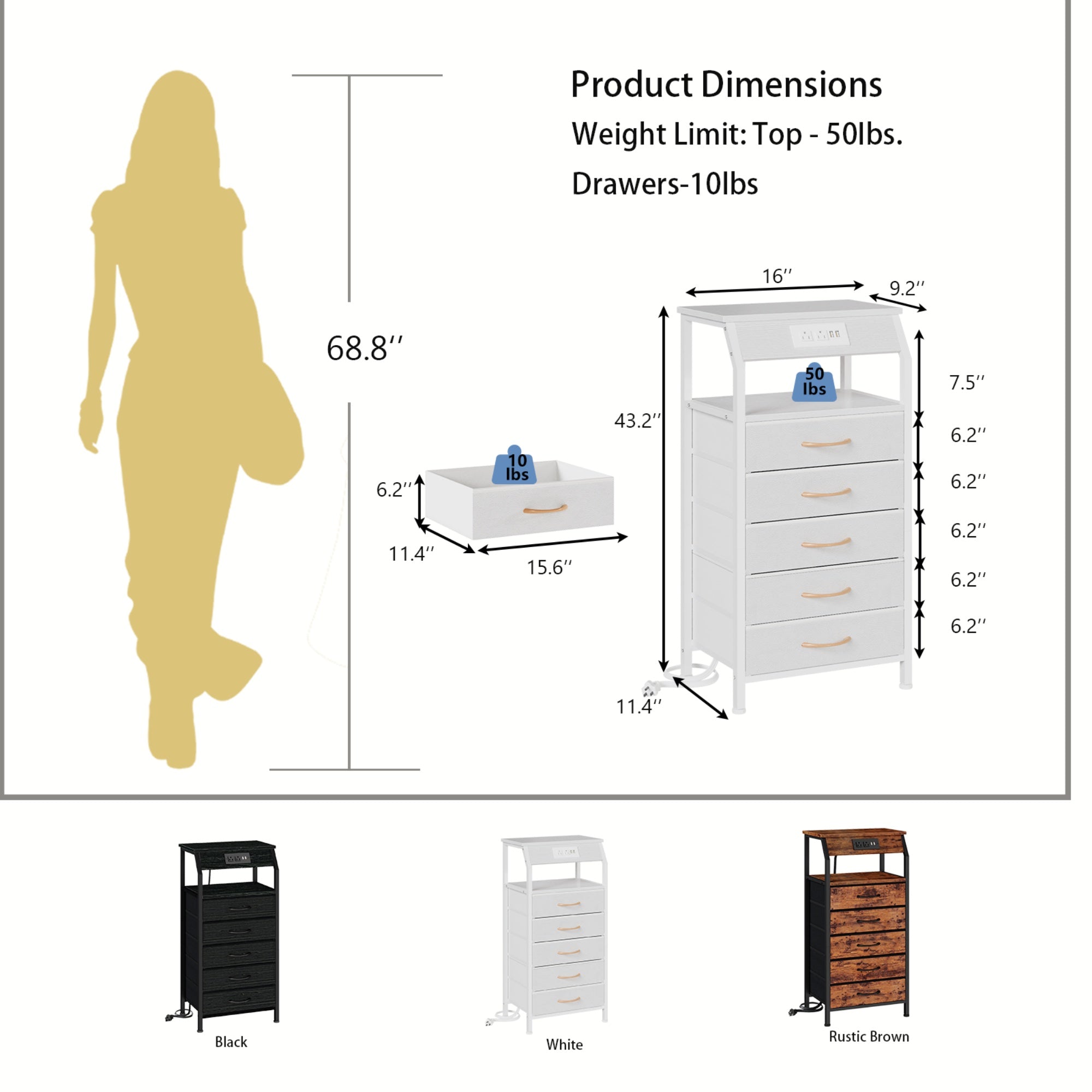 Furnulem Nightstands with 3/4/5 Drawers & Outlets, Bedside Tables with 2 USB Ports & 2-Tier Open Shelf