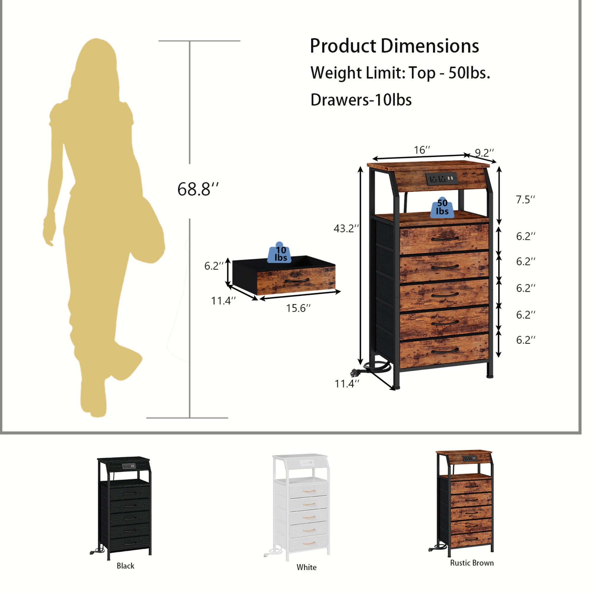 Furnulem Nightstands with 3/4/5 Drawers & Outlets, Bedside Tables with 2 USB Ports & 2-Tier Open Shelf