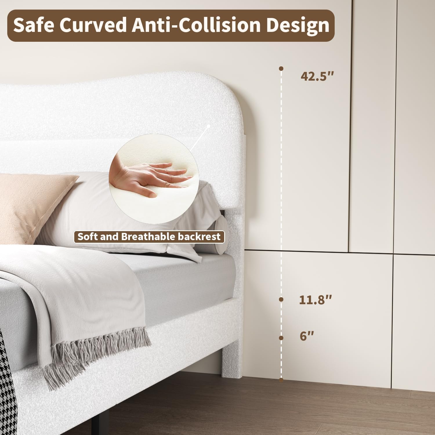 Twin Bed Frames with Headboard Upholstered Bed Frame  Soft Boucle Fabric Twin Size bedframes Soft Cloud Marshmallow Shape Upholstered Headboard