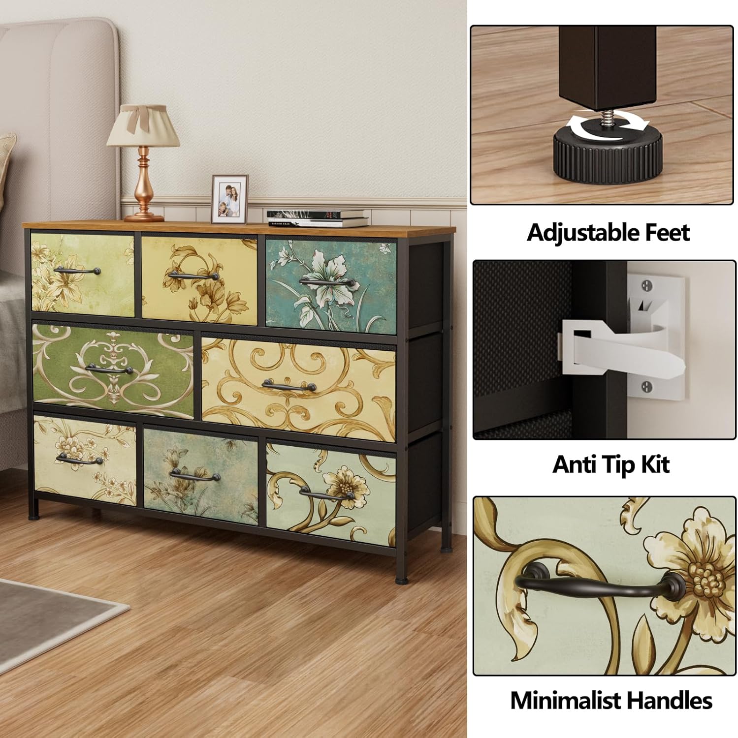 Fabric Dresser for Bedroom 8 Drawer Chest of Drawers Retro Flower Ideal for Adults Furniture for Bedroom Living Room Hallway