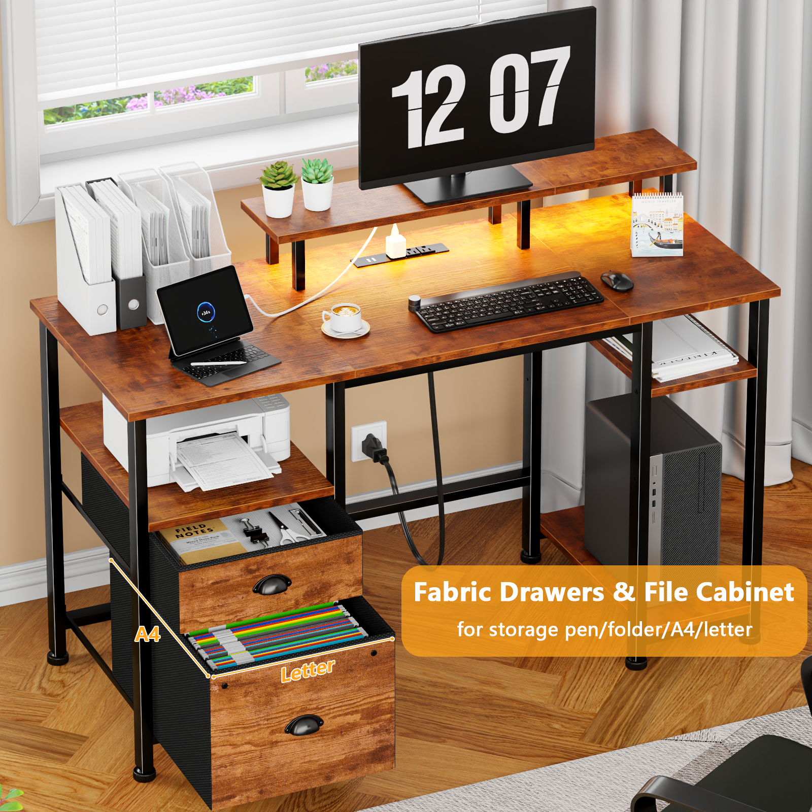 Brown 51 Inches Reversible Home Office Computer Desk with File Cabinet Monitor Stand Storage Shelves Power Outlets LED Gaming Study Workstation Table