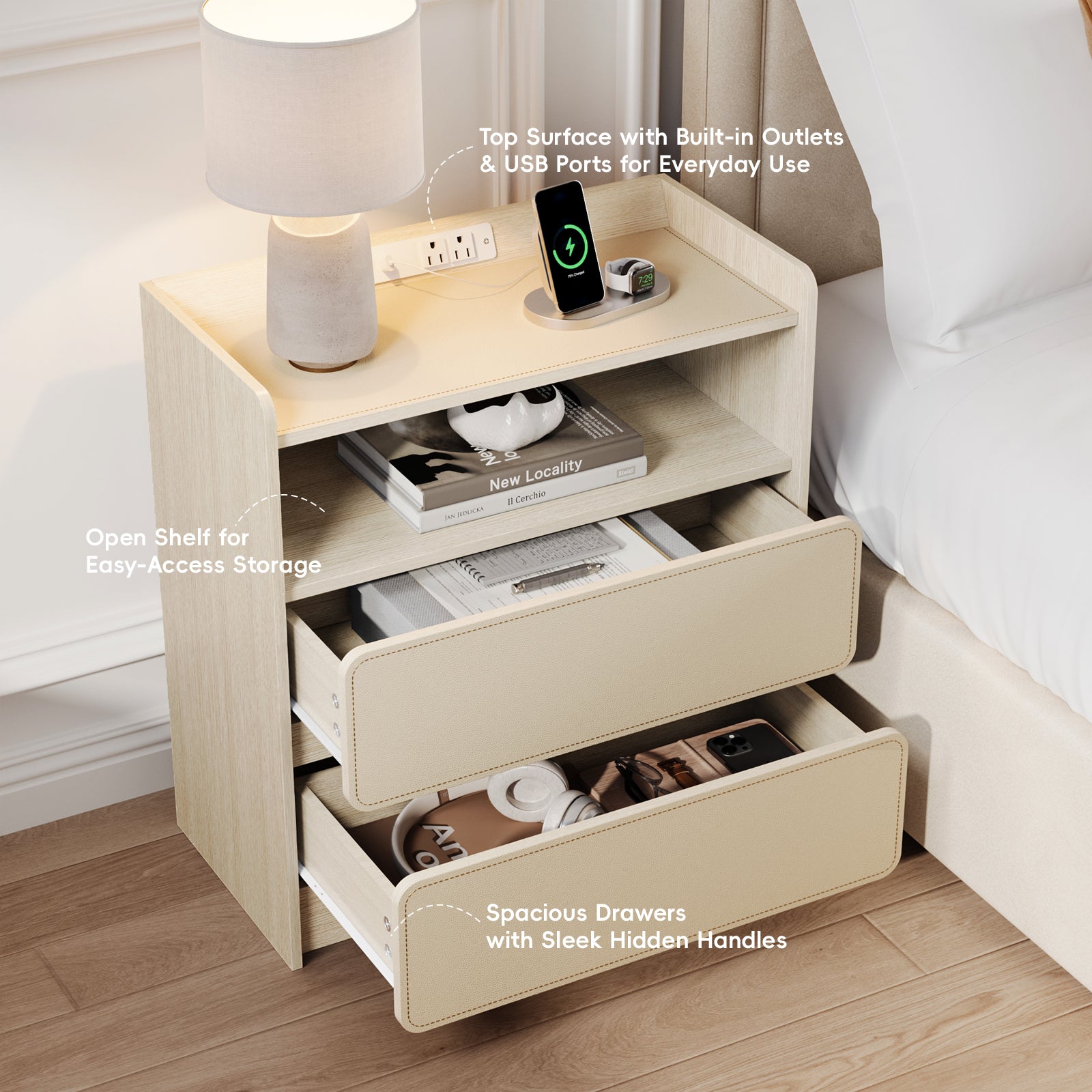 Qwatto Nightstand with Charging Station 2 Drawer Saddle Leather Bedside Table Modern Wood Side End Table Storage Cabinet Bedroom Furniture Beechwood