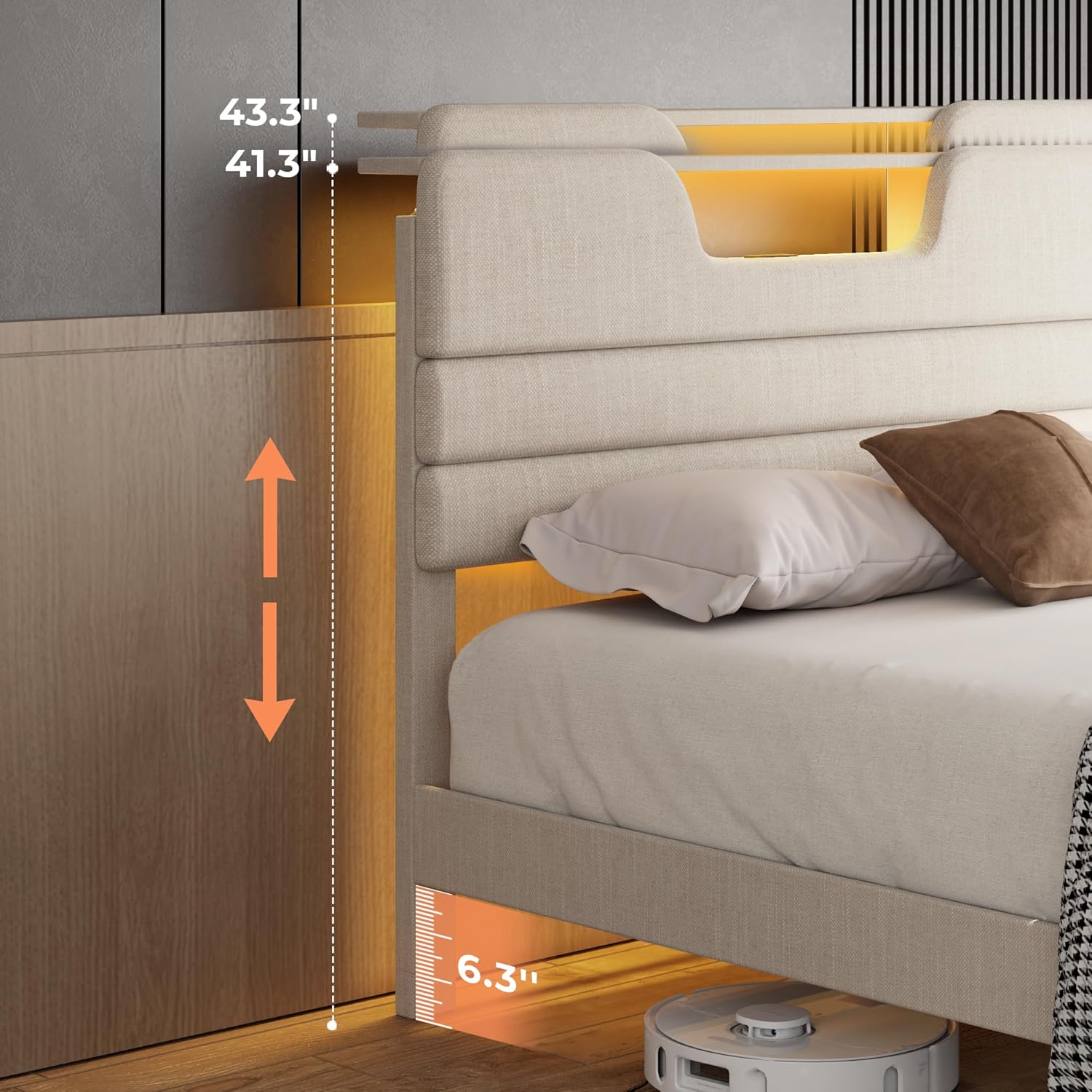 Furnulem King Size Bed Frames with Upholstered Headboard Modern Platform Bed with Charging Station and Led Lights Bed Frame with Sturdy Wooden Slats