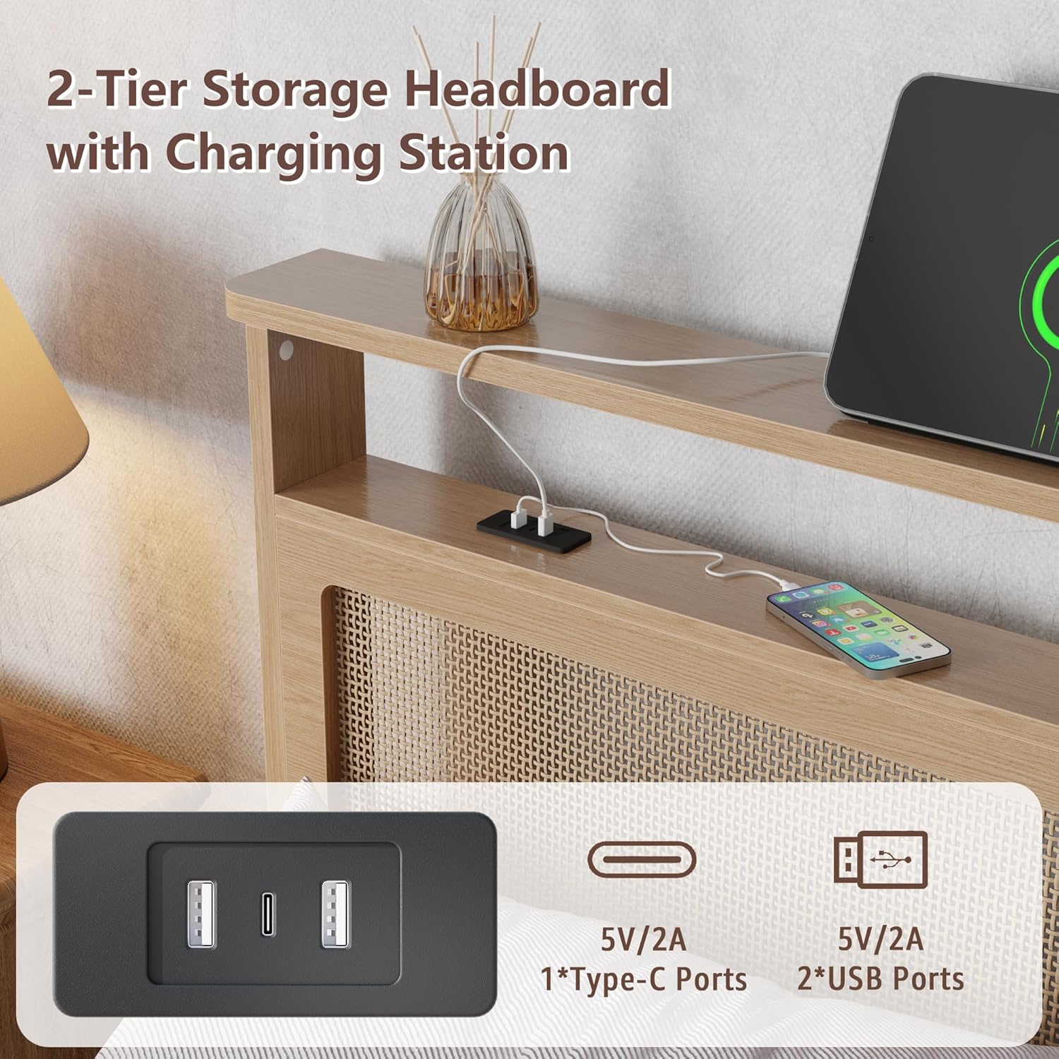 Queen Size Bed Frame Rattan Headboard with LED Lights and Charging Station Boho Bedframe with Storage Shelf and Under Bed Storage Solid Wood Support