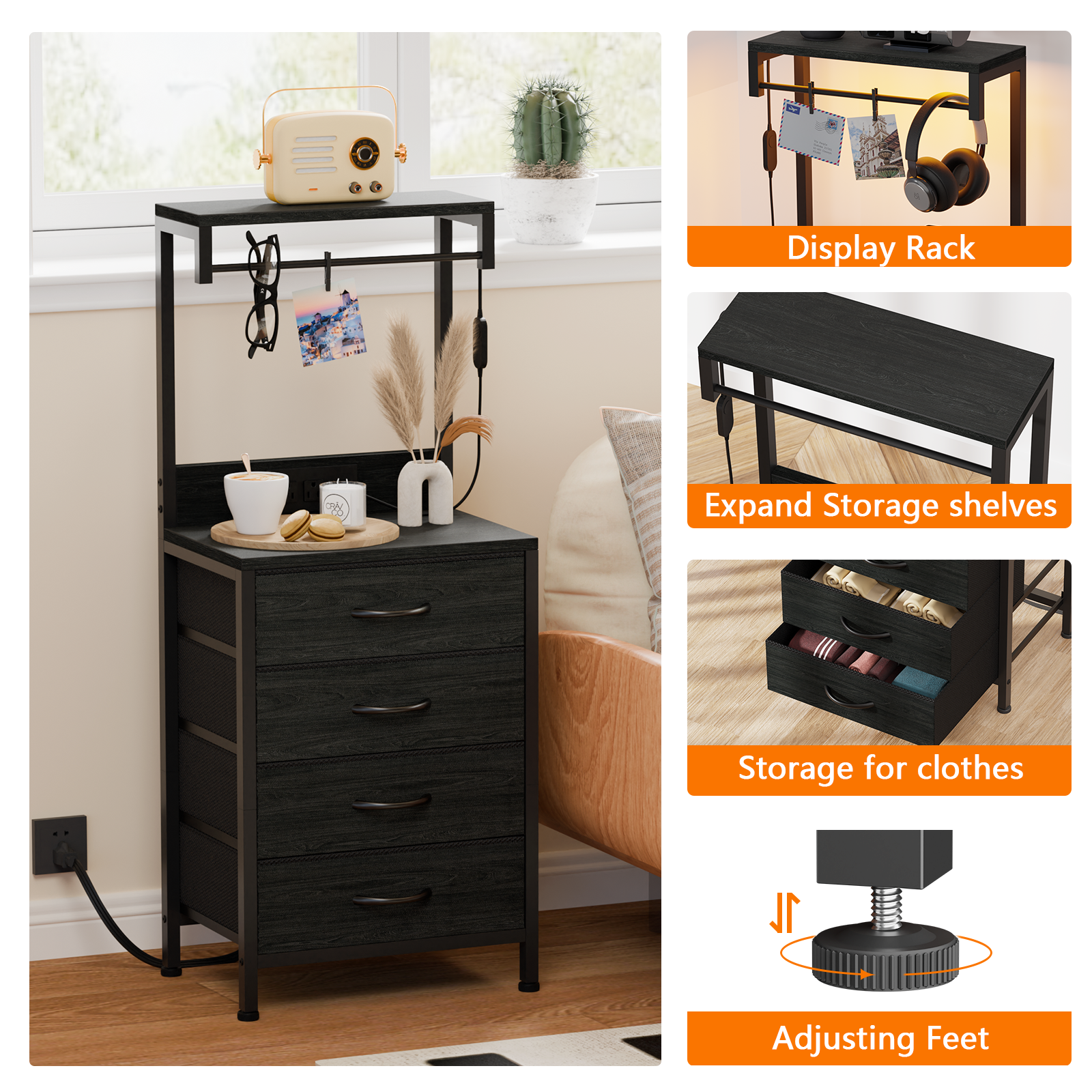 Furnulem Tall LED Nightstand with 4 Drawers