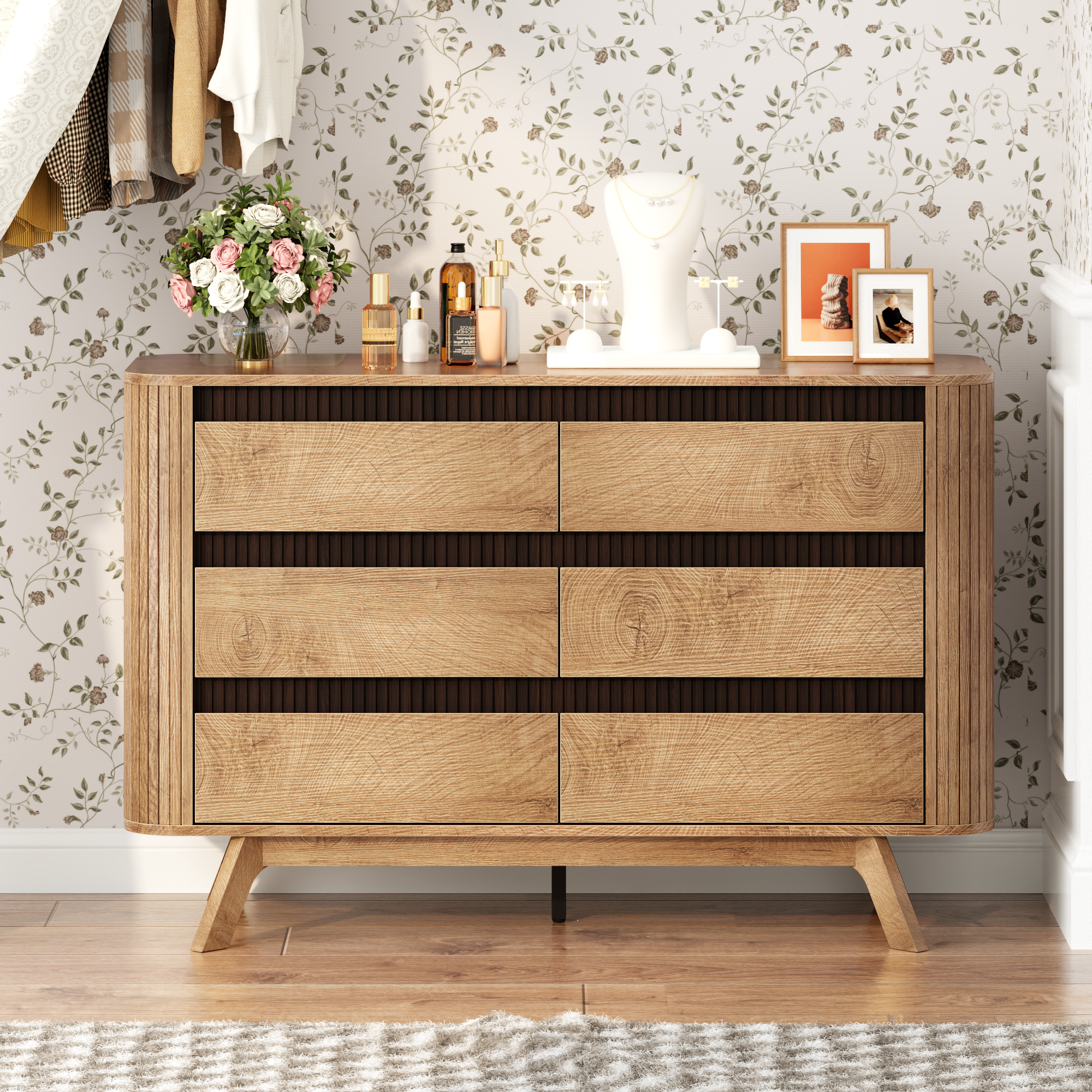 Qwatto 6 Drawer Dresser for Bedroom 47.2" Wide Fluted Chest of Drawers Modern Curved Design Clothes Storage Organizer Hallway Room Natural Oak Finish