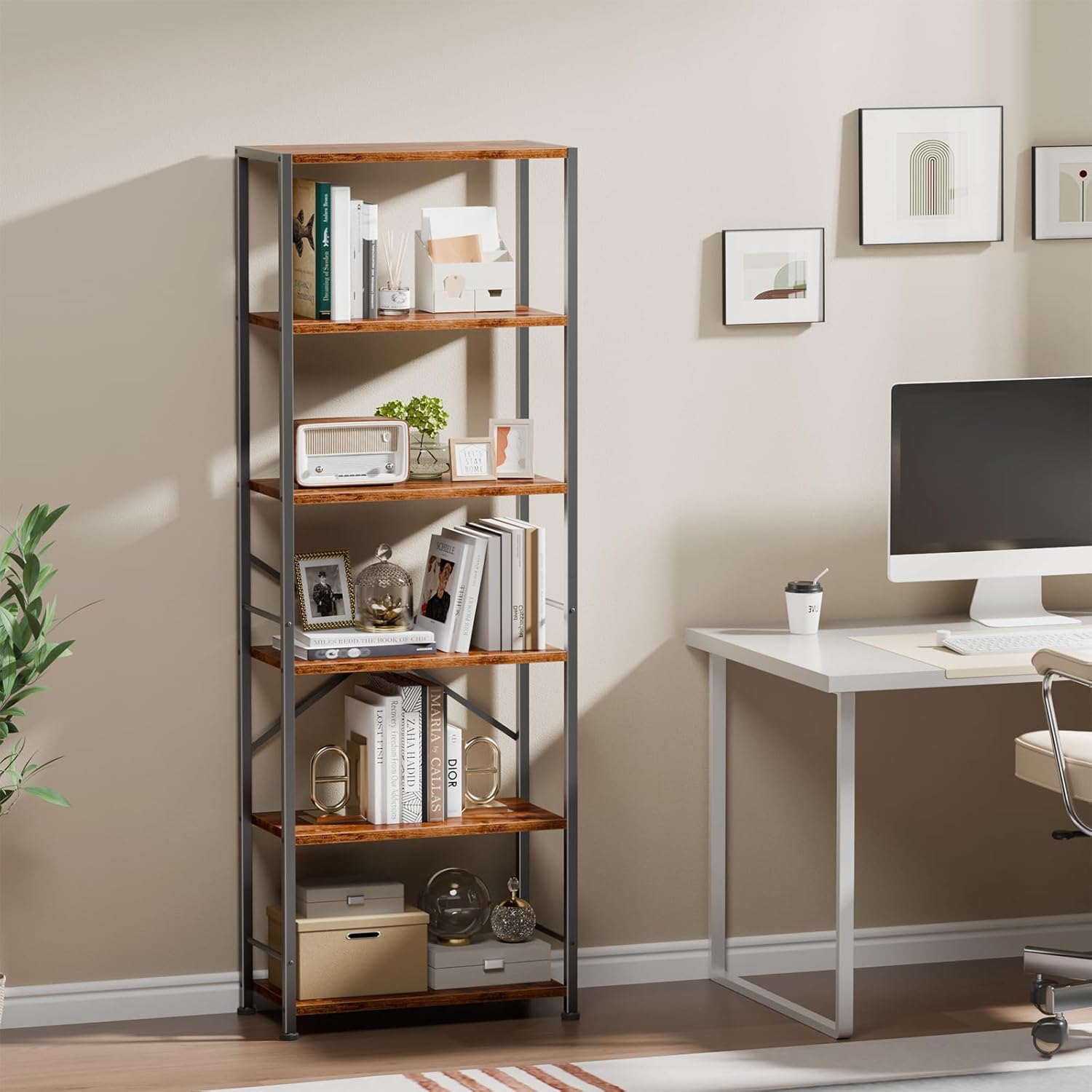 Qwatto Brown 6 Tier Tall Wide Bookshelf Industrial Wood Metal Freestanding Open Display Shelving Unit Storage Organizer Etagere Bookcase Home Office