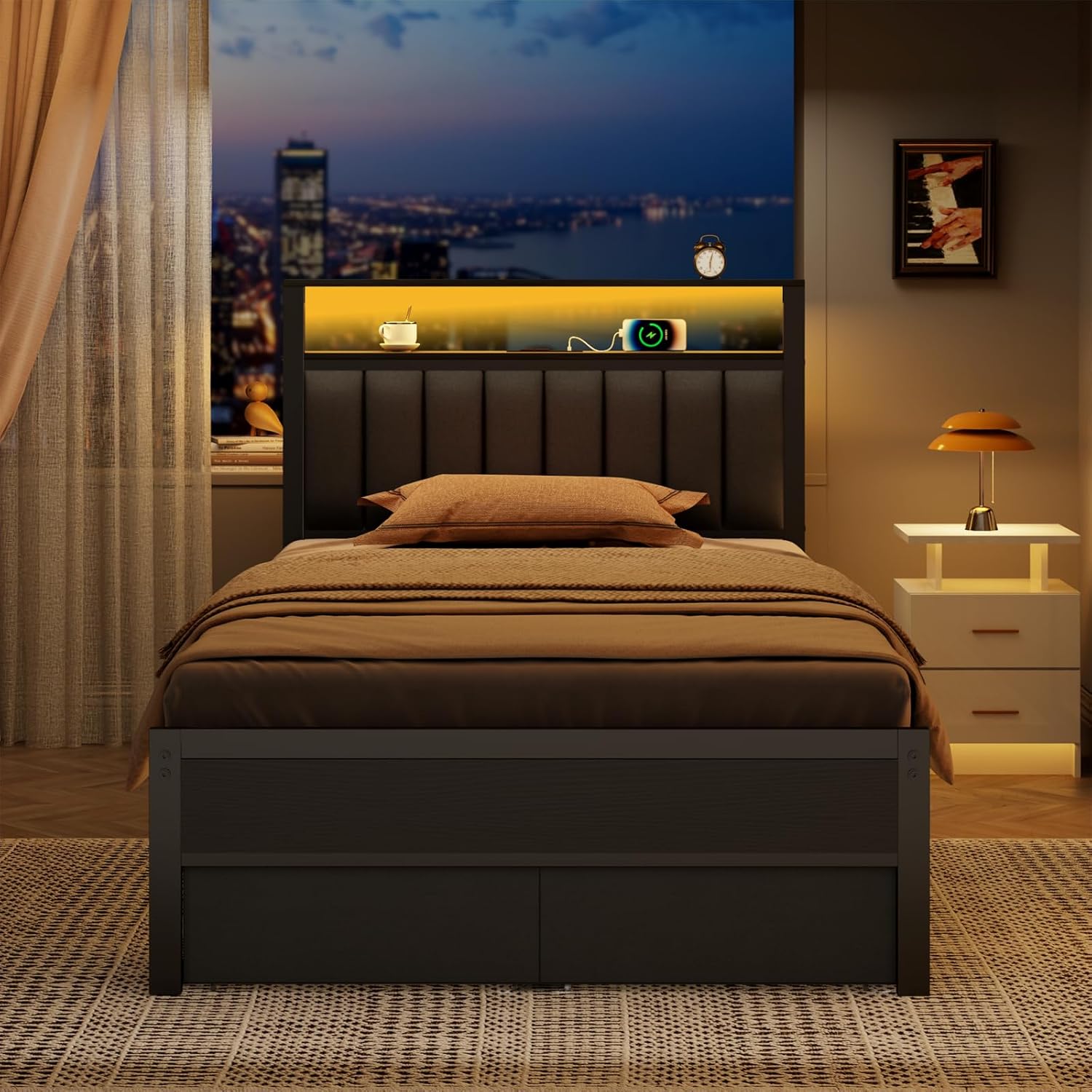 Twin Bed Frames  Grey Upholstered Headboard with Shelves Metal Platform Bed with 2 Under-Bed Storage (Fabric Drawer on Wheels) No Box Spring Needed