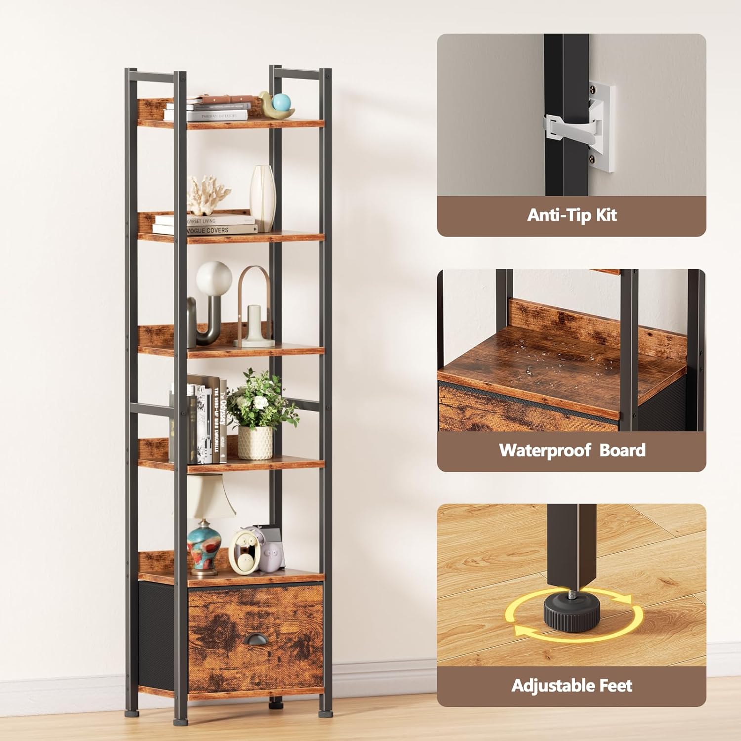 Qwatto Brown 6 Tier Bookshelf with Drawer Tall Industrial Wood Metal Freestanding Storage Display Shelves Etagere Bookcase Organizer for Home Office