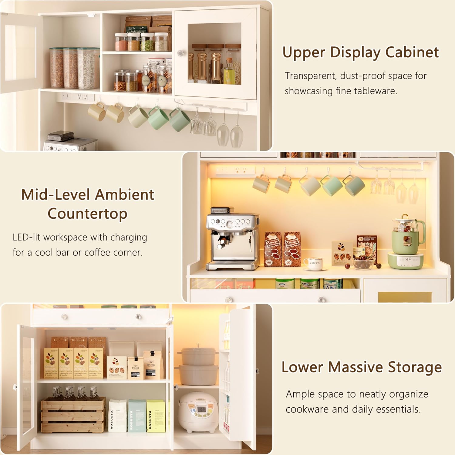 Qwatto 71"Kitchen Pantry Cabinet with Charging Station and LED Lights Tall Freestanding Kitchen Hutch with storage Rack Microwave Stand White Cabinet