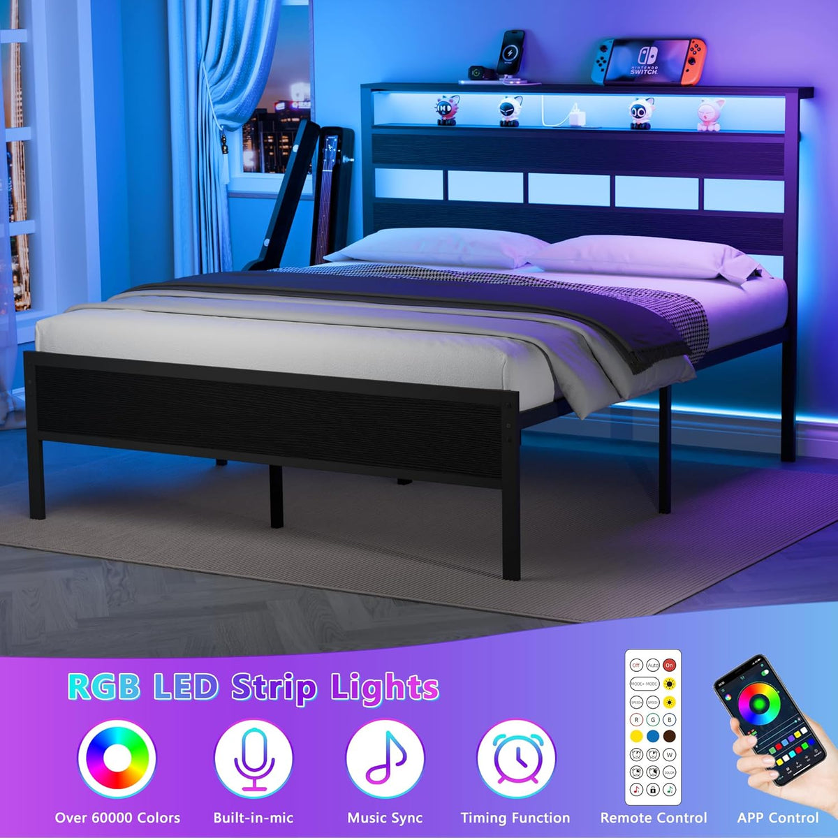 Bed Frame with Storage Headboard Charging Station LED Lights Metal Platform