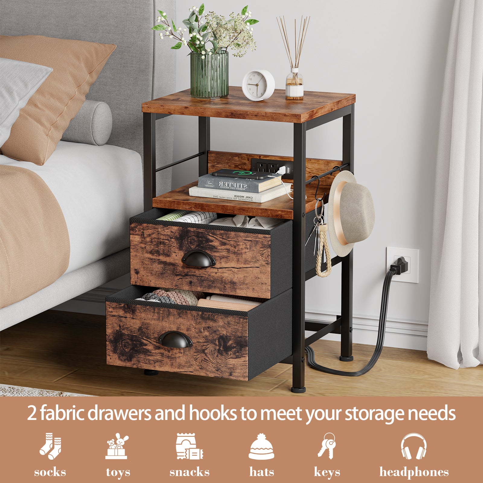 Qwatto Set of 2 Nightstands with Charging Station USB Ports Brown Bedside Side Tables with 2 Fabric Drawers Storage Shelf Hooks for Bedroom End Table