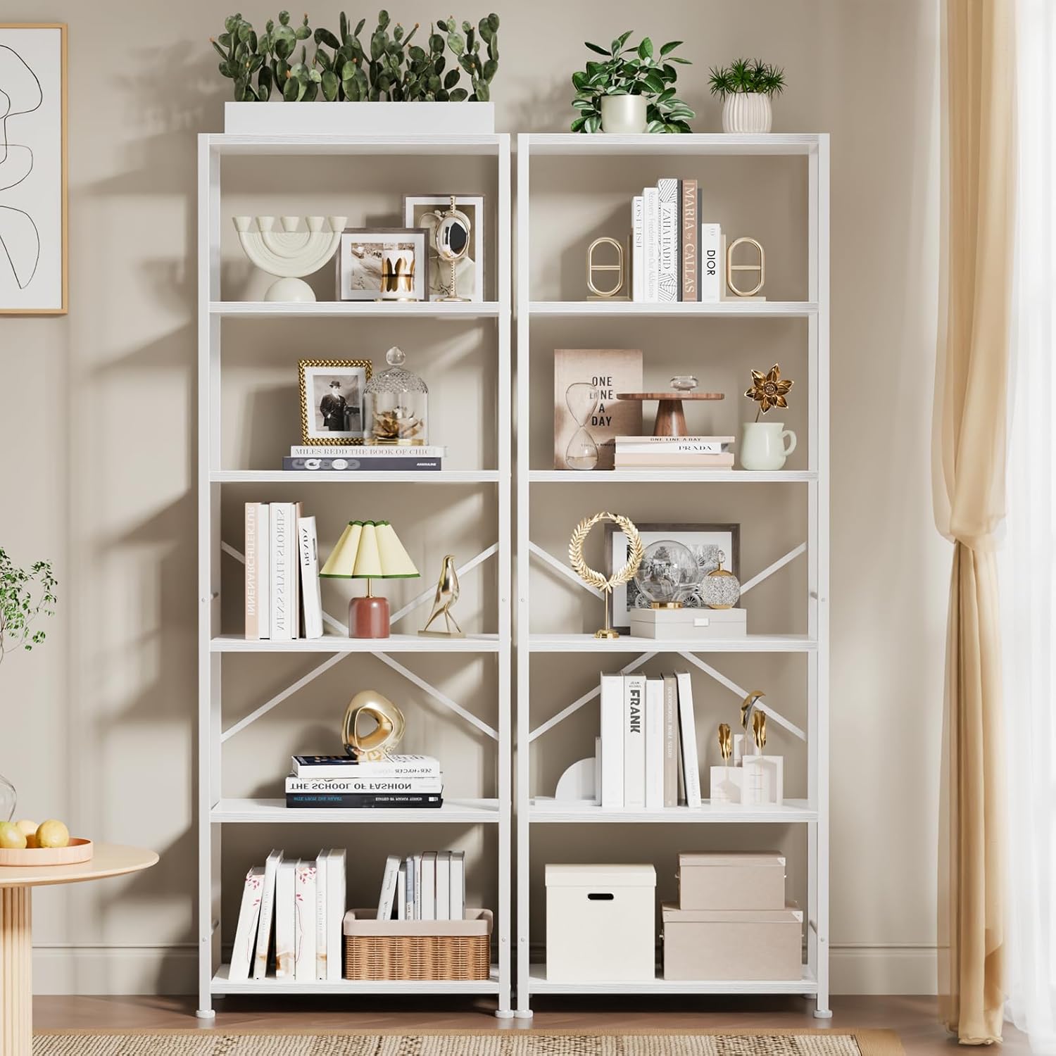 Qwatto 6 Tier Bookshelf Tall Wide Wood and Metal Open Bookcase Modern Storage Organizer Display Shelving Unit White Furniture Living Room Home Office