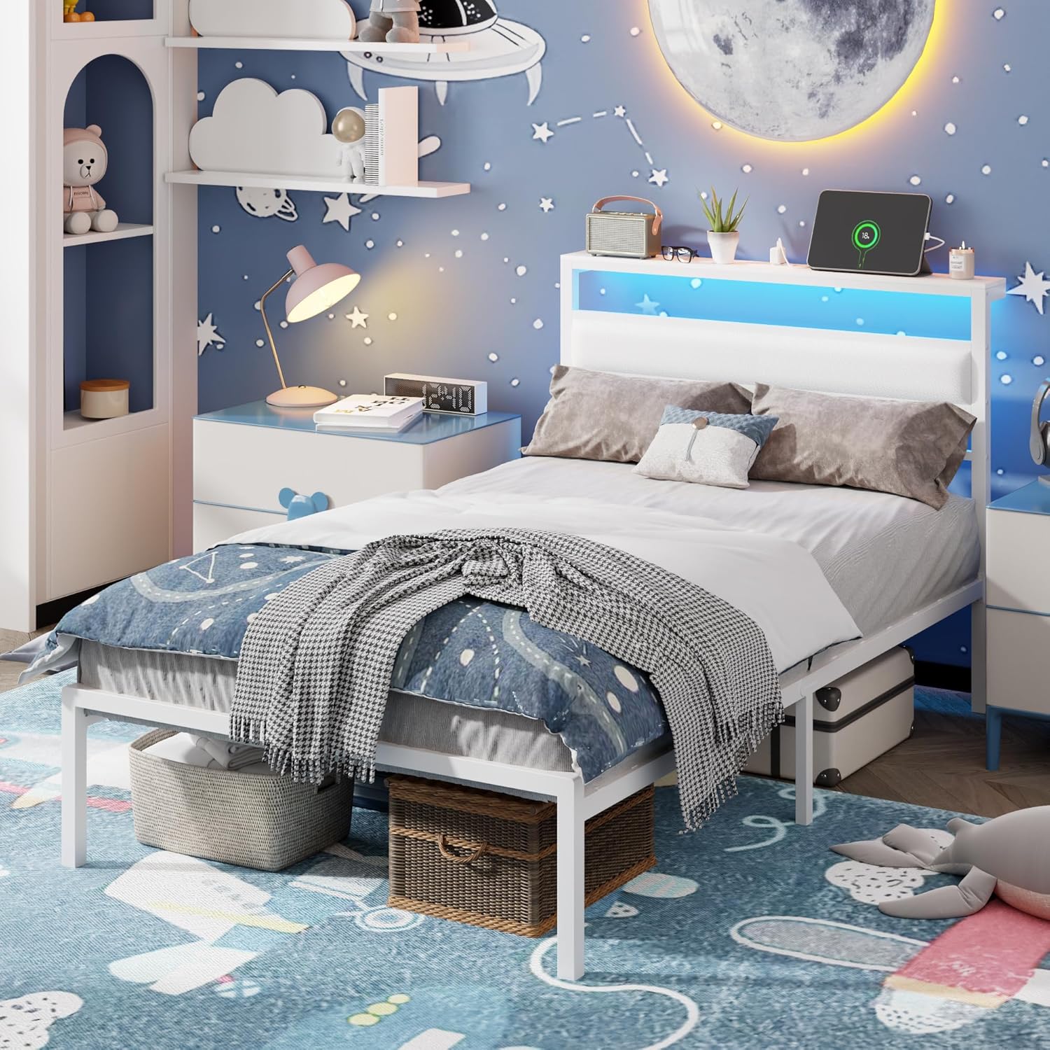 Qwatto Twin Size Bed Frame Kids White Leather Upholstered Bed LED Lights Charging Station Storage Headboard Metal Platform Bed Frames No Box Springs