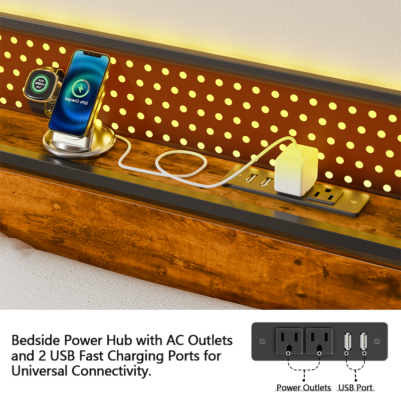 Industrial Queen Bed Frame with Charging Station Rustic Wood Storage Headboard LED Lights Metal Platform Bed USB Ports Heavy Duty Support