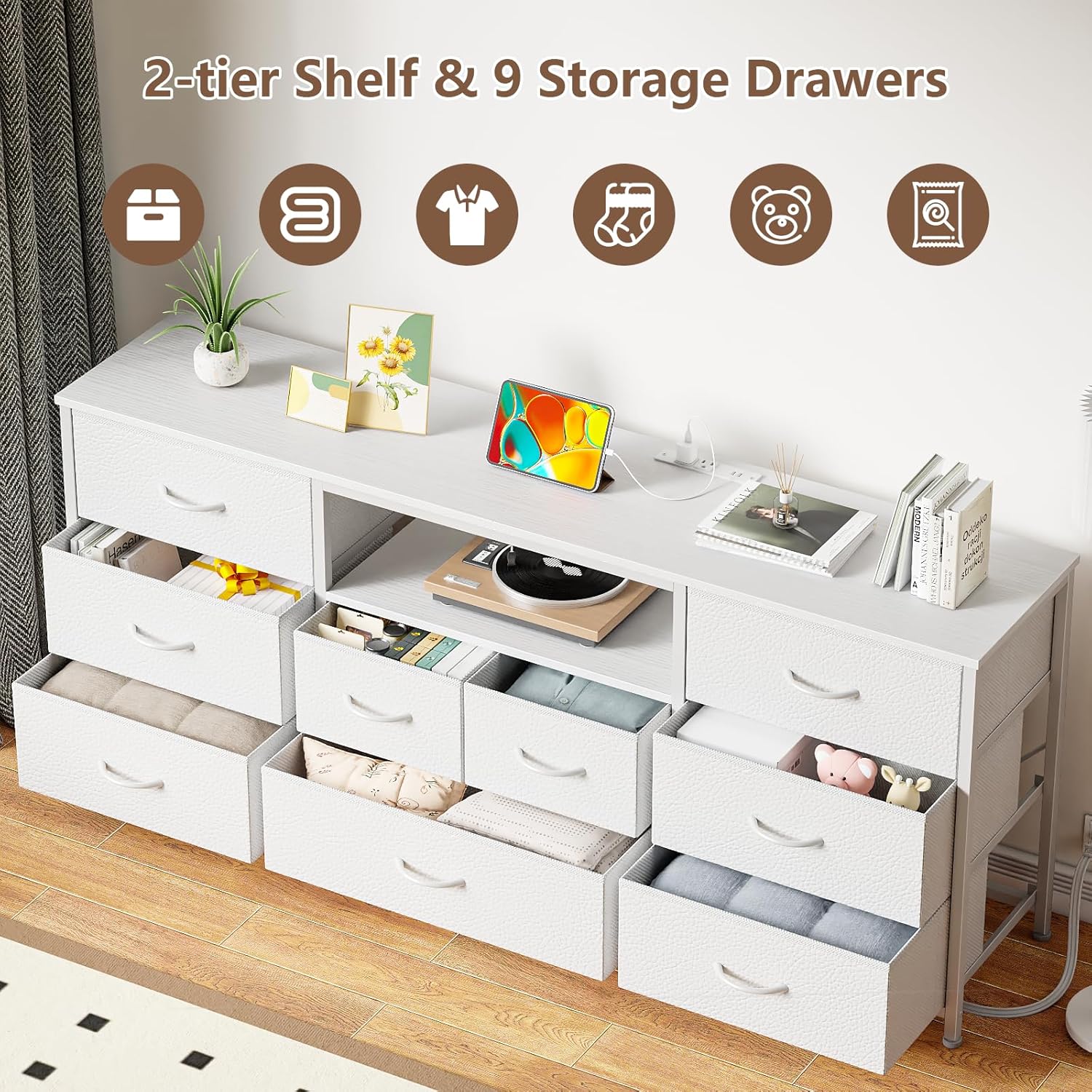 Furnulem 9 Drawer Dresser 63” Long TV Stand for Bedroom Entertainment Center with Power Outlet  LED Light for 65"-75" TV White Dresser with Fabric