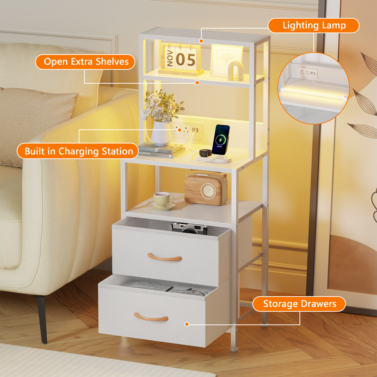 Furnulem Tall Nightstand with Light Tube and Charging Station